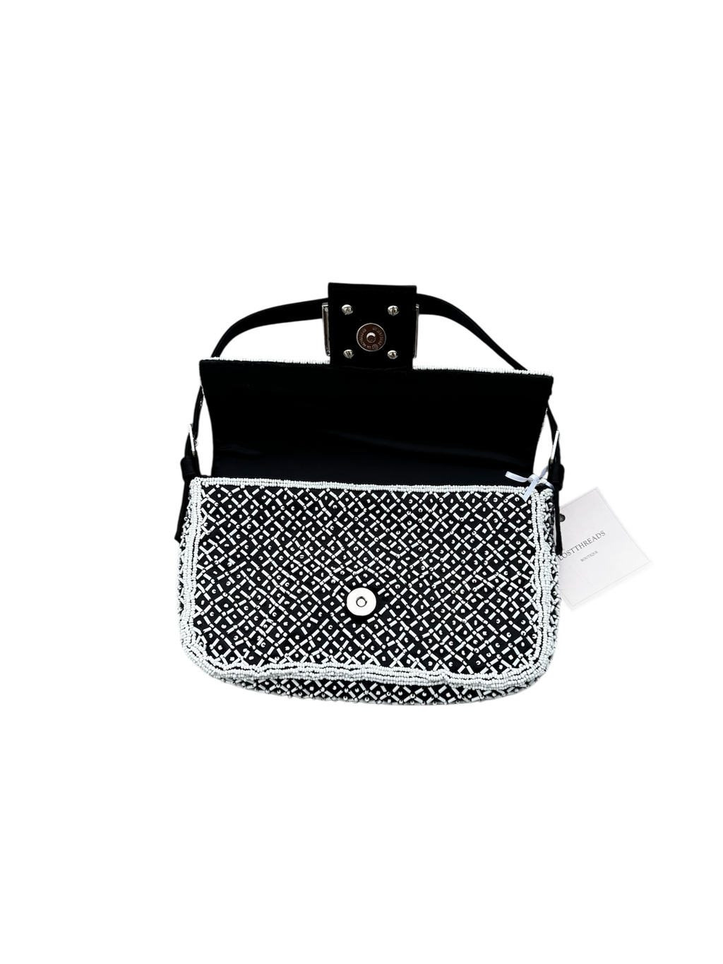 Black & white beaded mini baguette shoulder bag