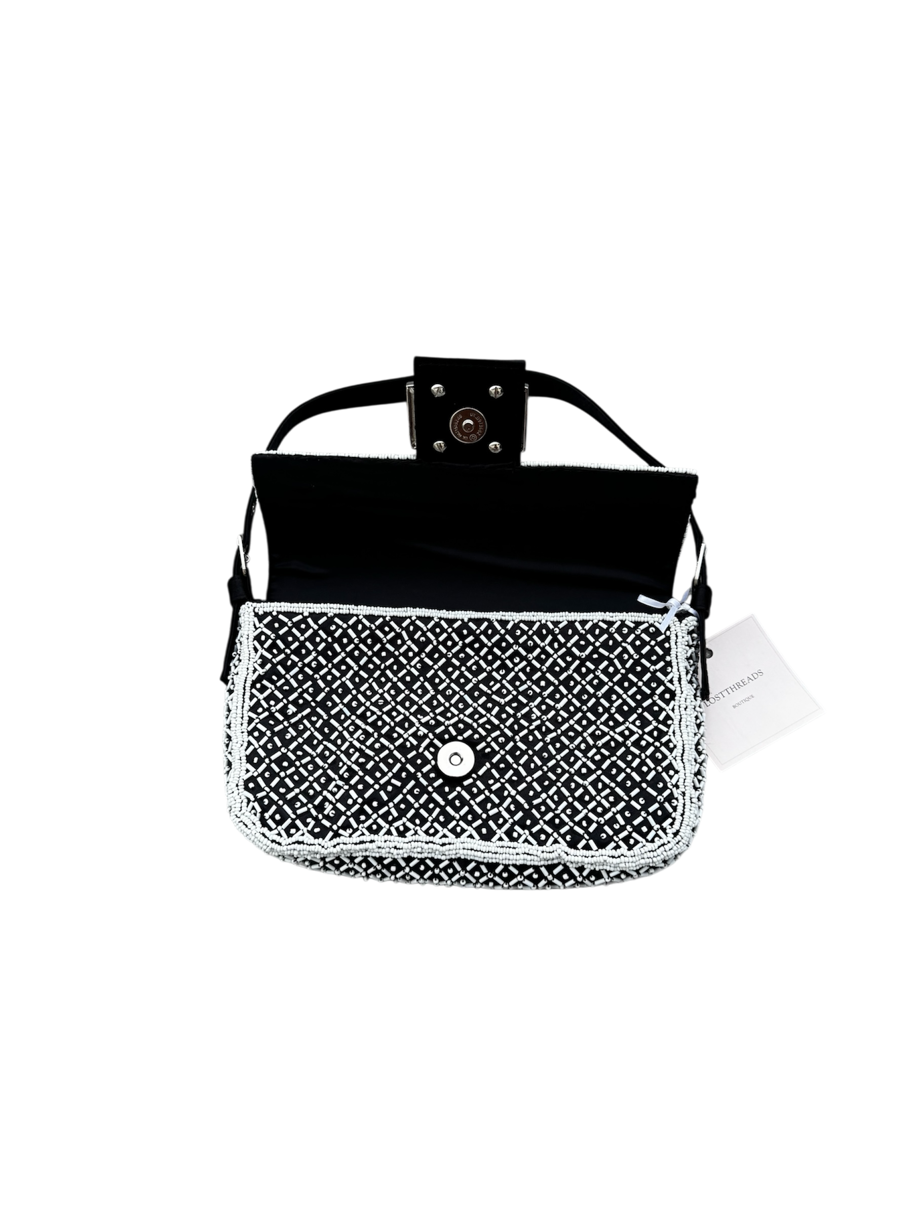 Black & white beaded mini baguette shoulder bag