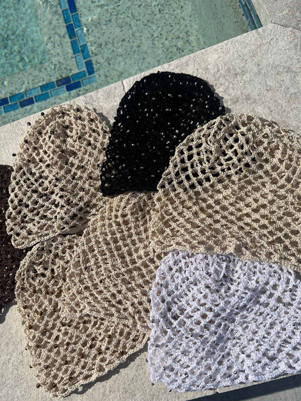 Crochet beaded fishnet skull caps