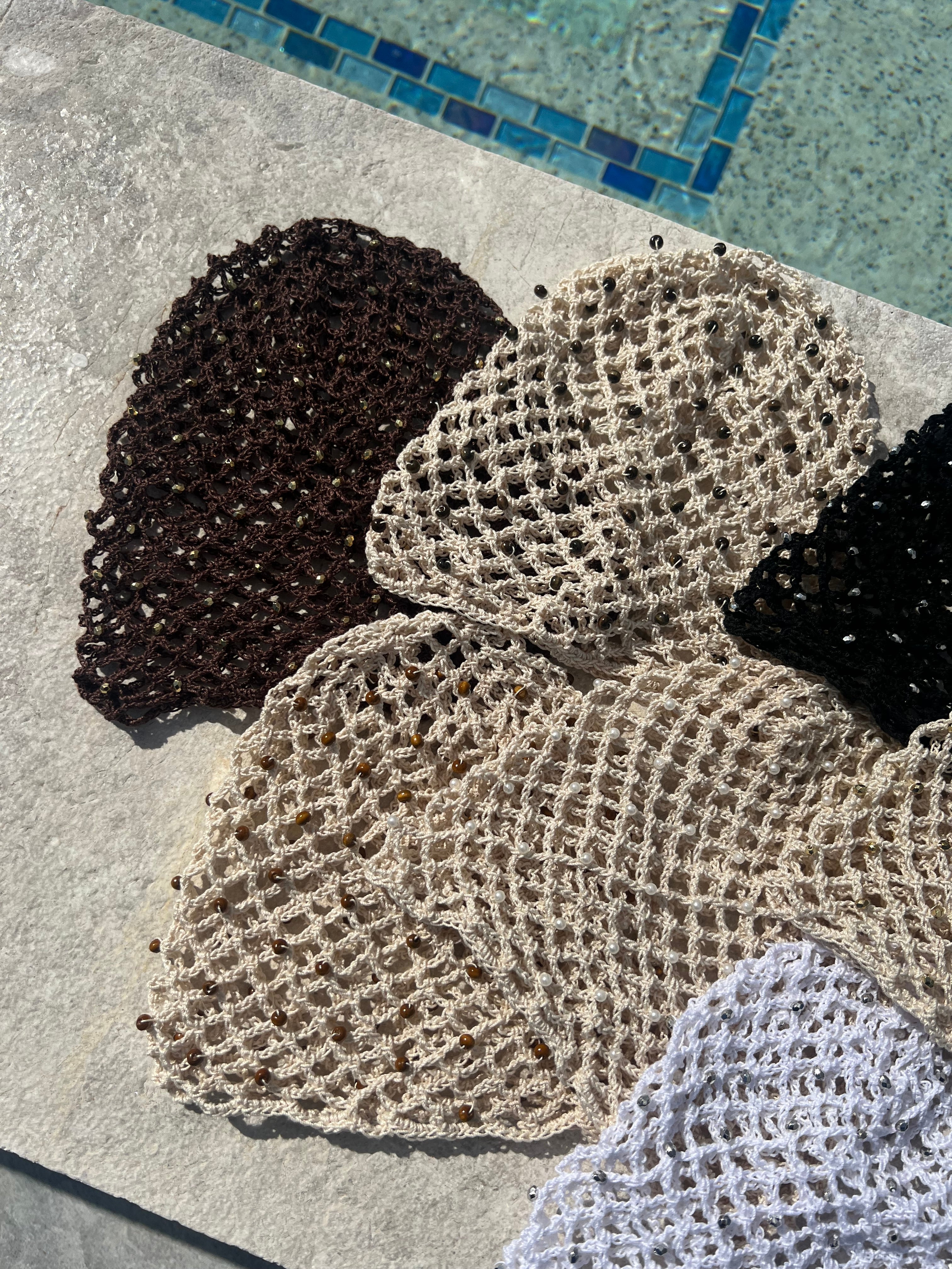 Crochet beaded fishnet skull caps