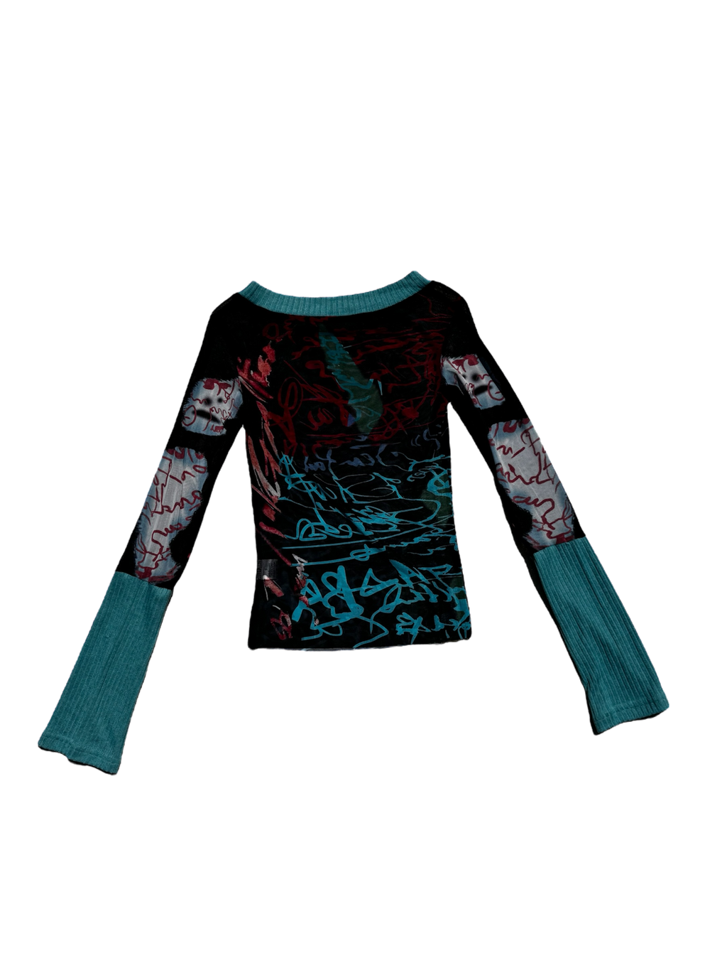 Script pattern mesh long sleeve top