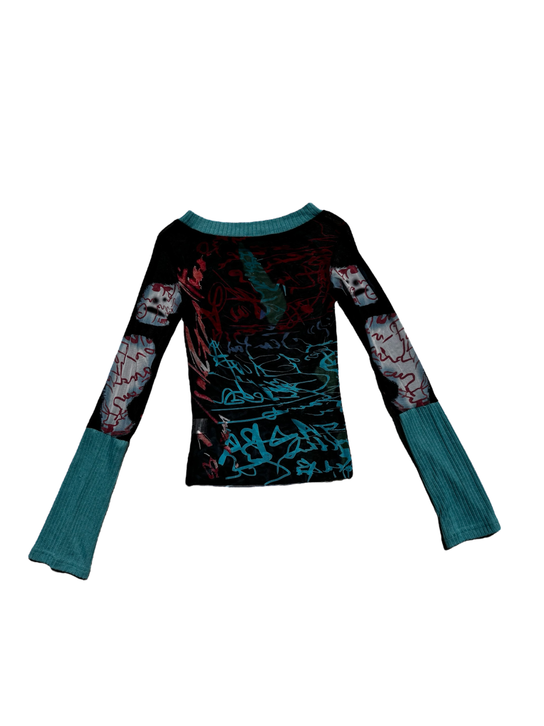 Script pattern mesh long sleeve top