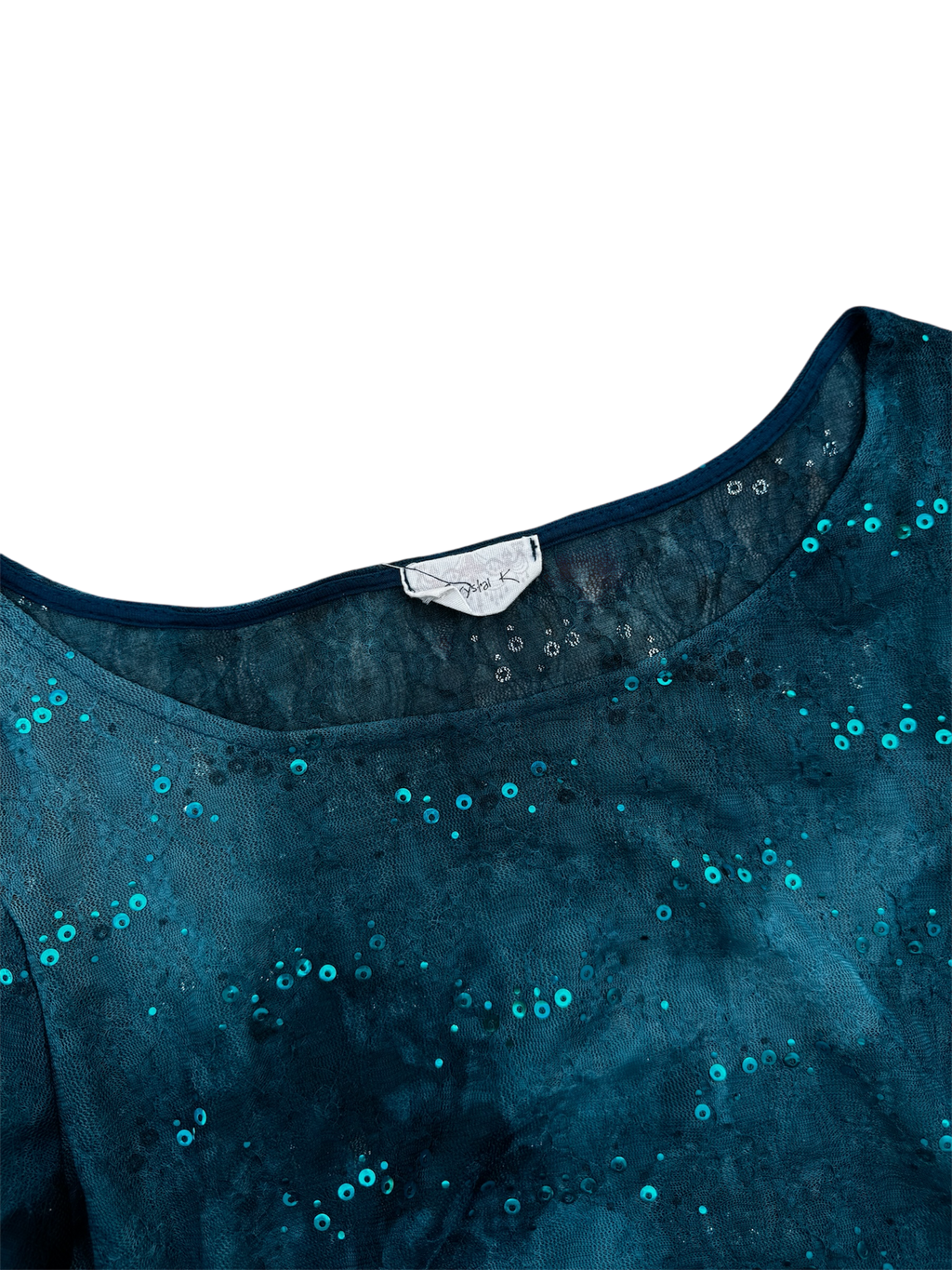 Blue Tie-Dye Mesh Long Sleeve Top with Sequins