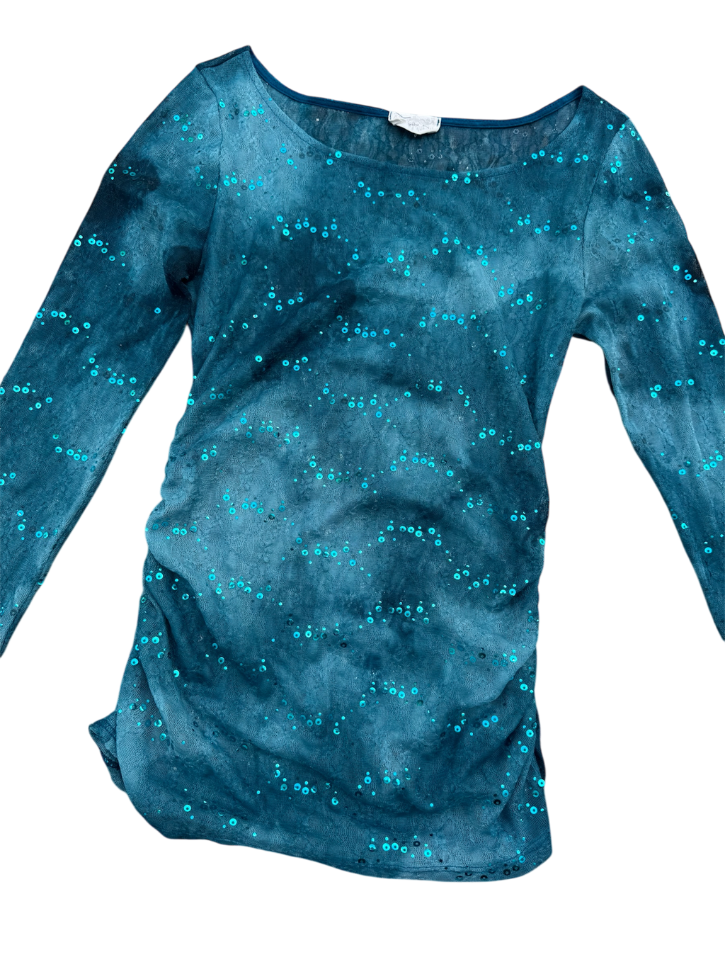 Blue Tie-Dye Mesh Long Sleeve Top with Sequins