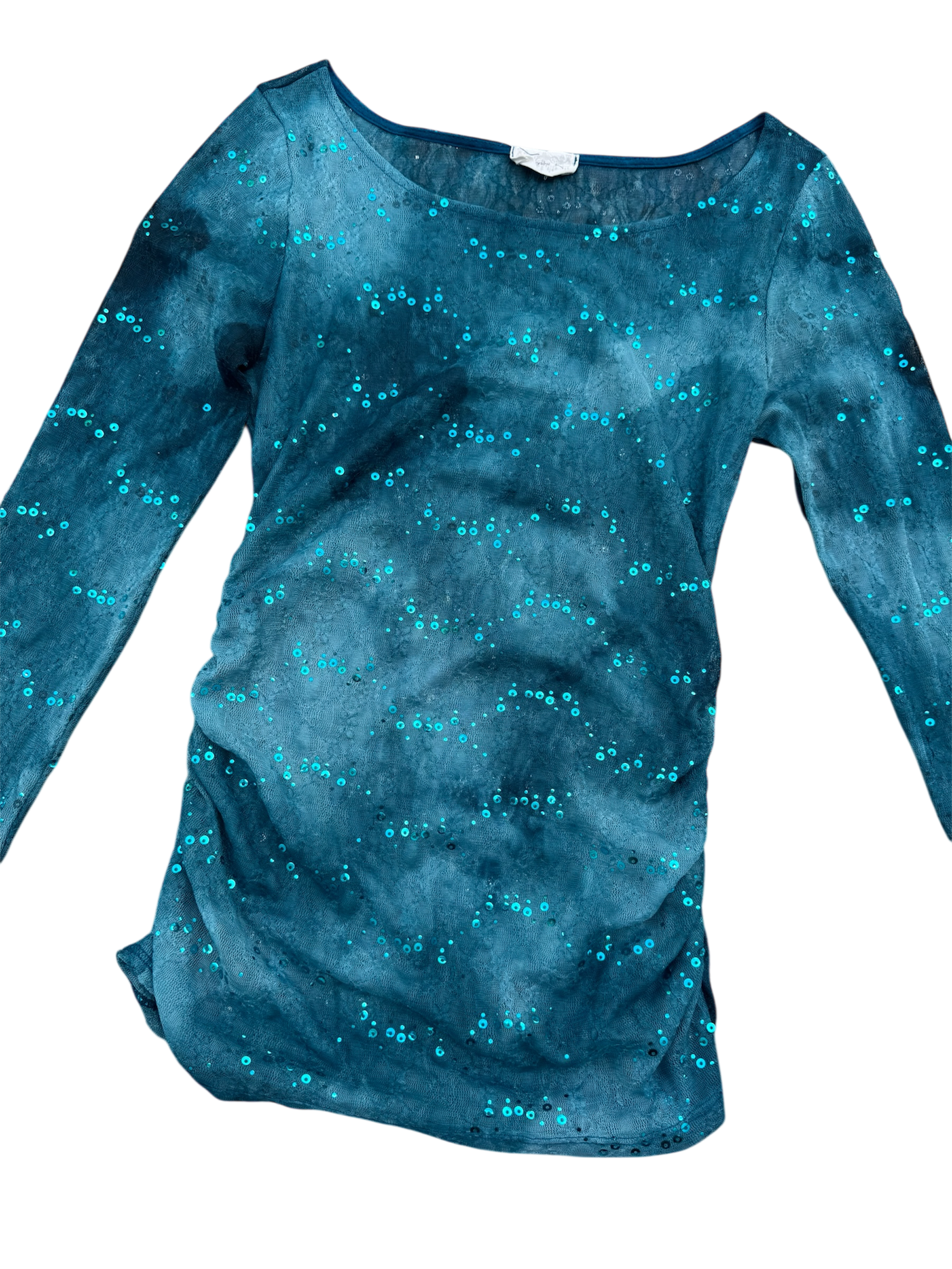 Blue Tie-Dye Mesh Long Sleeve Top with Sequins