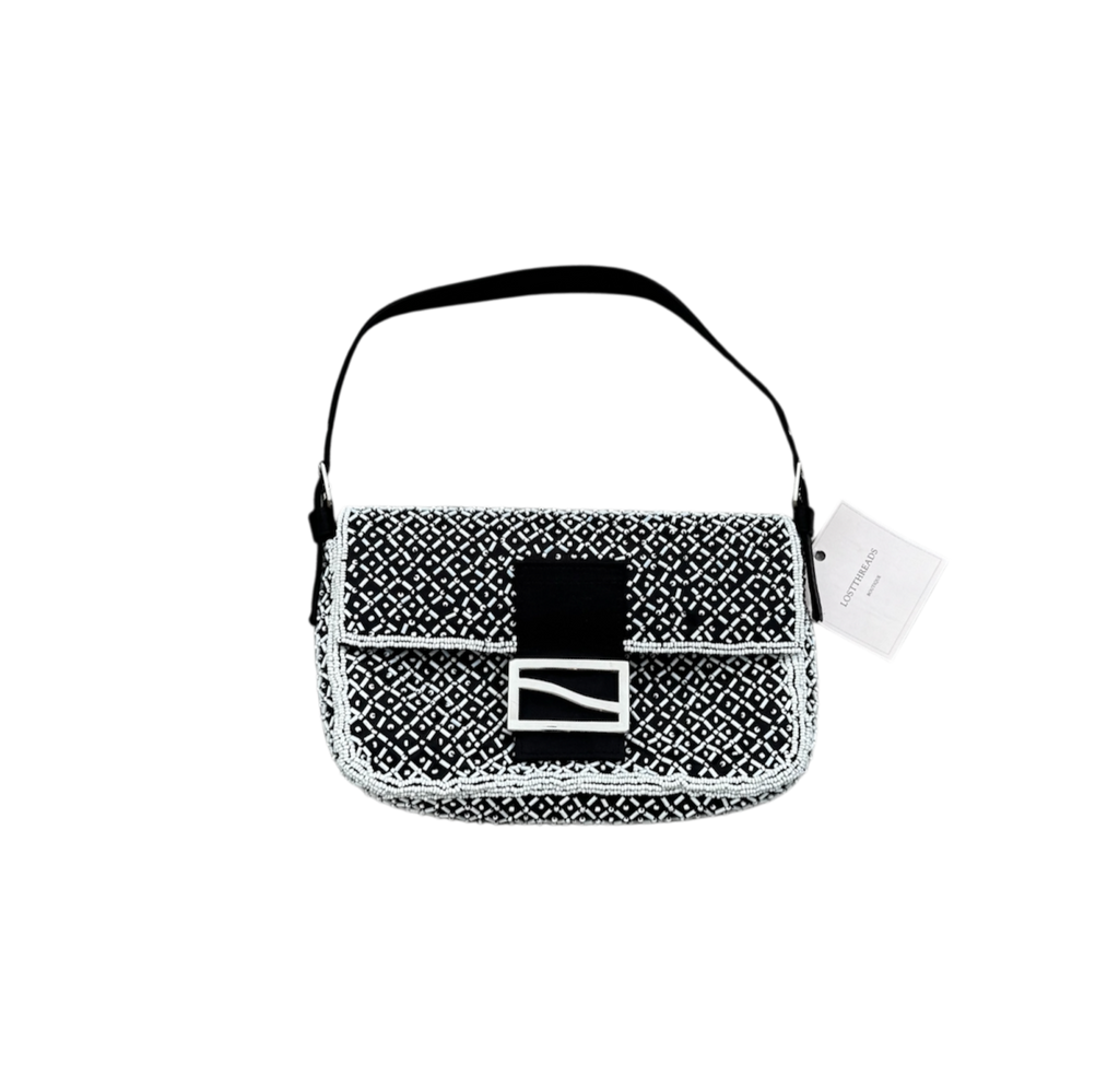 Black & white beaded mini baguette shoulder bag