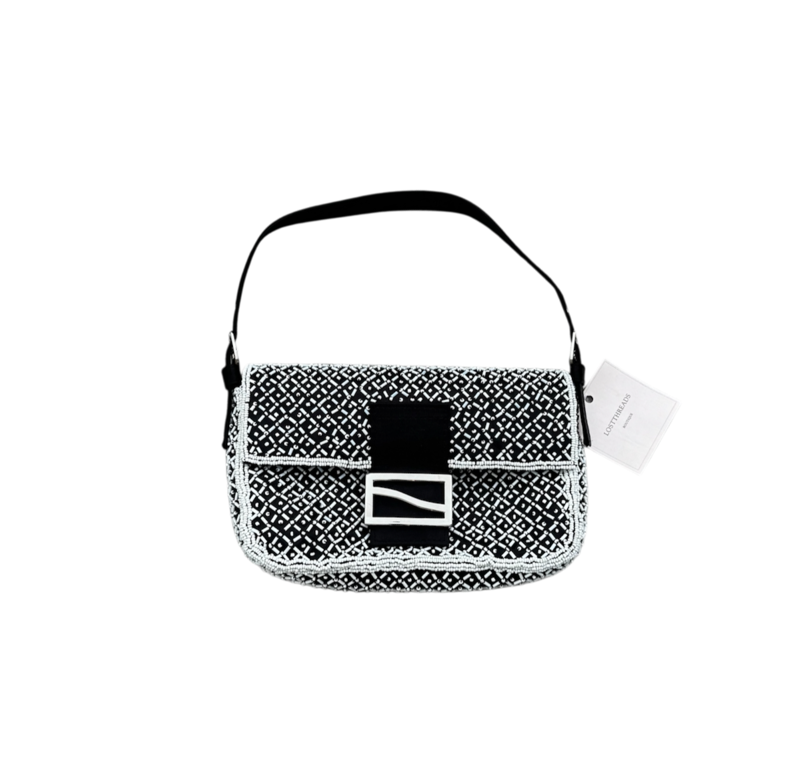 Black & white beaded mini baguette shoulder bag