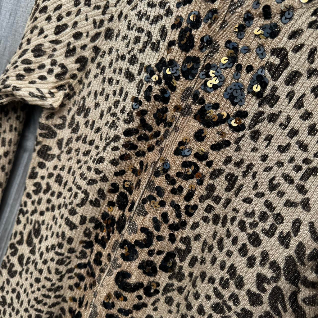 Vintage Cheetah Print Sequin Ribbed Knit Sweater