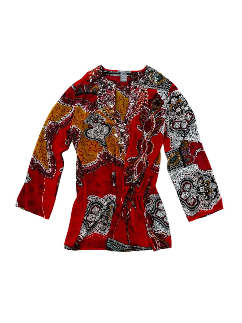 orange beaded sheer blouse