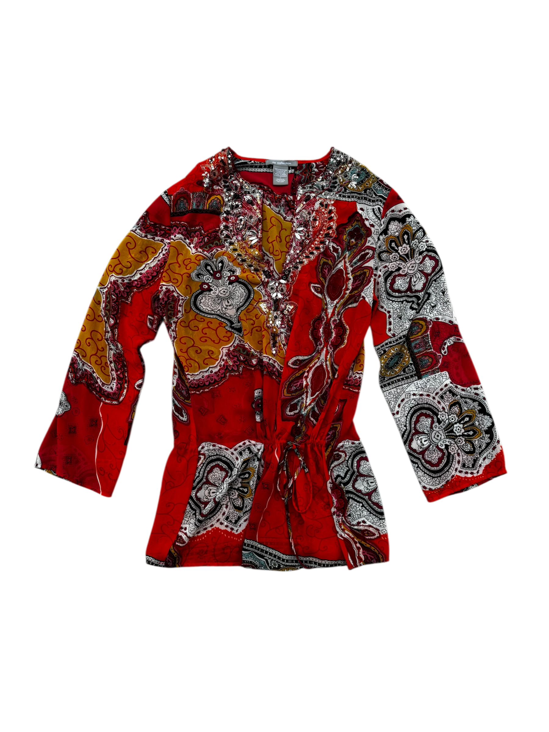 orange beaded sheer blouse