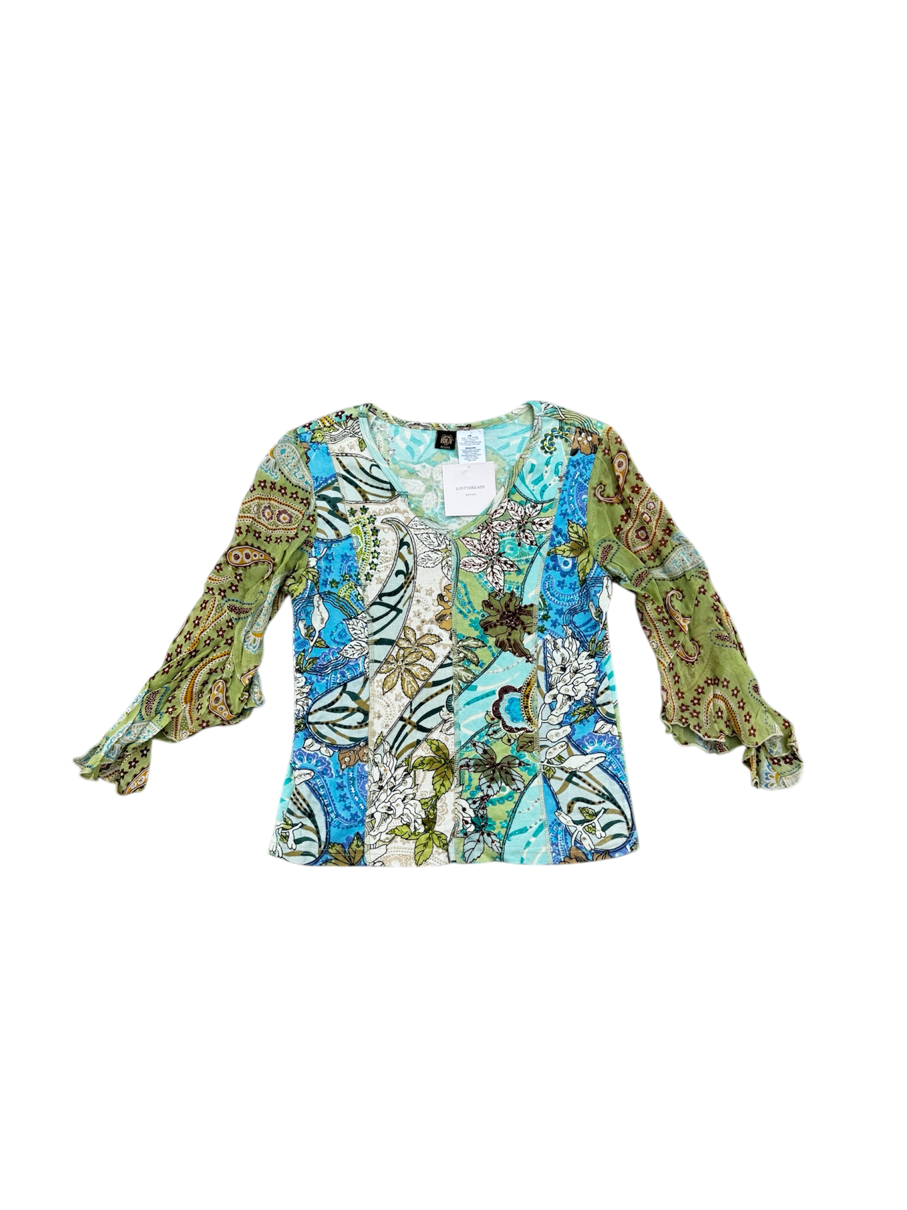 green and blue beaded flowy sleeve top