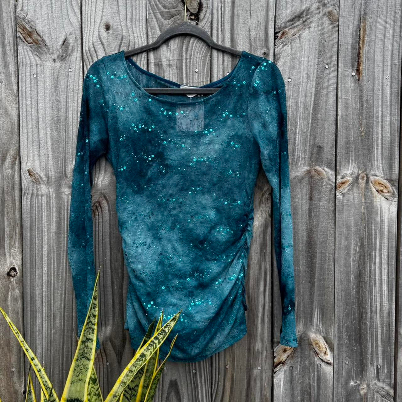 Blue Tie-Dye Mesh Long Sleeve Top with Sequins