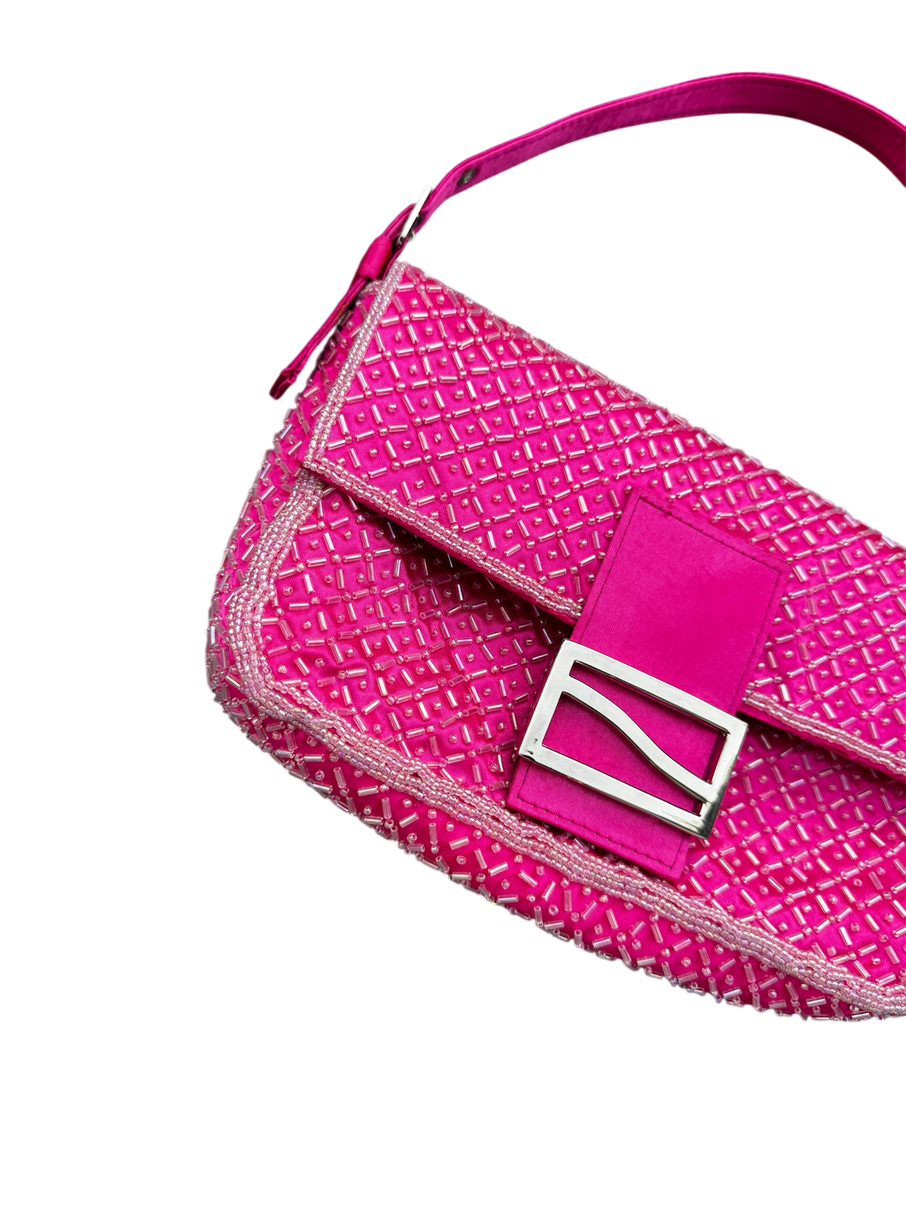Pink beaded mini baguette shoulder bag