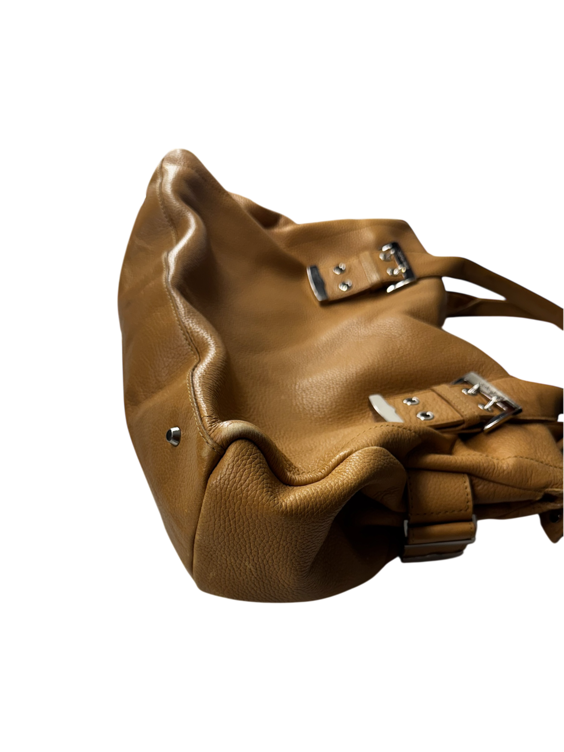 Light brown leather over sized slouchy belted hand bag