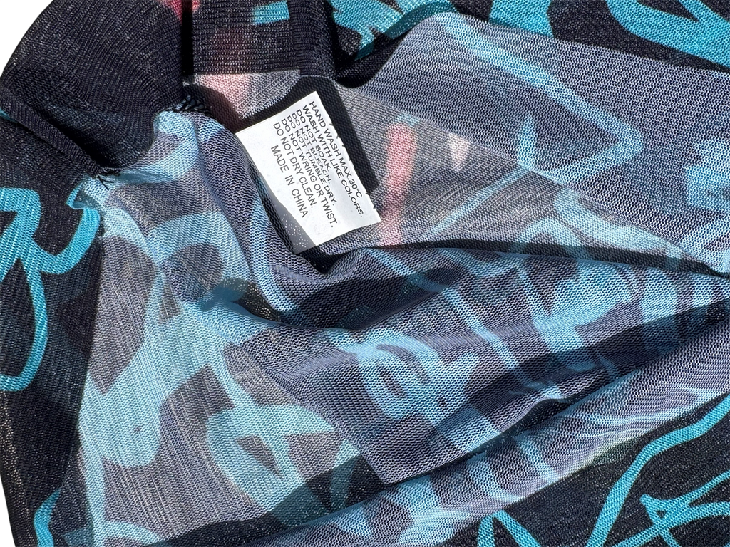 Script pattern mesh long sleeve top