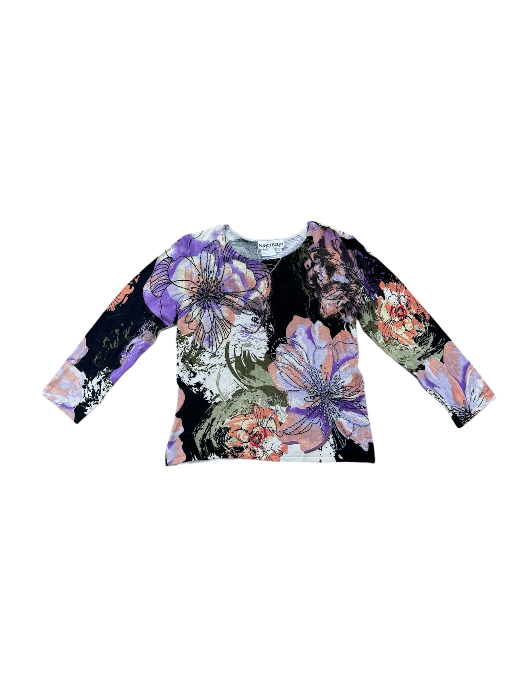 Vintage Black Floral Knit Sweater with Beaded Accents