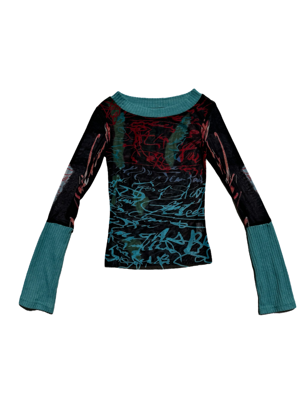 Script pattern mesh long sleeve top