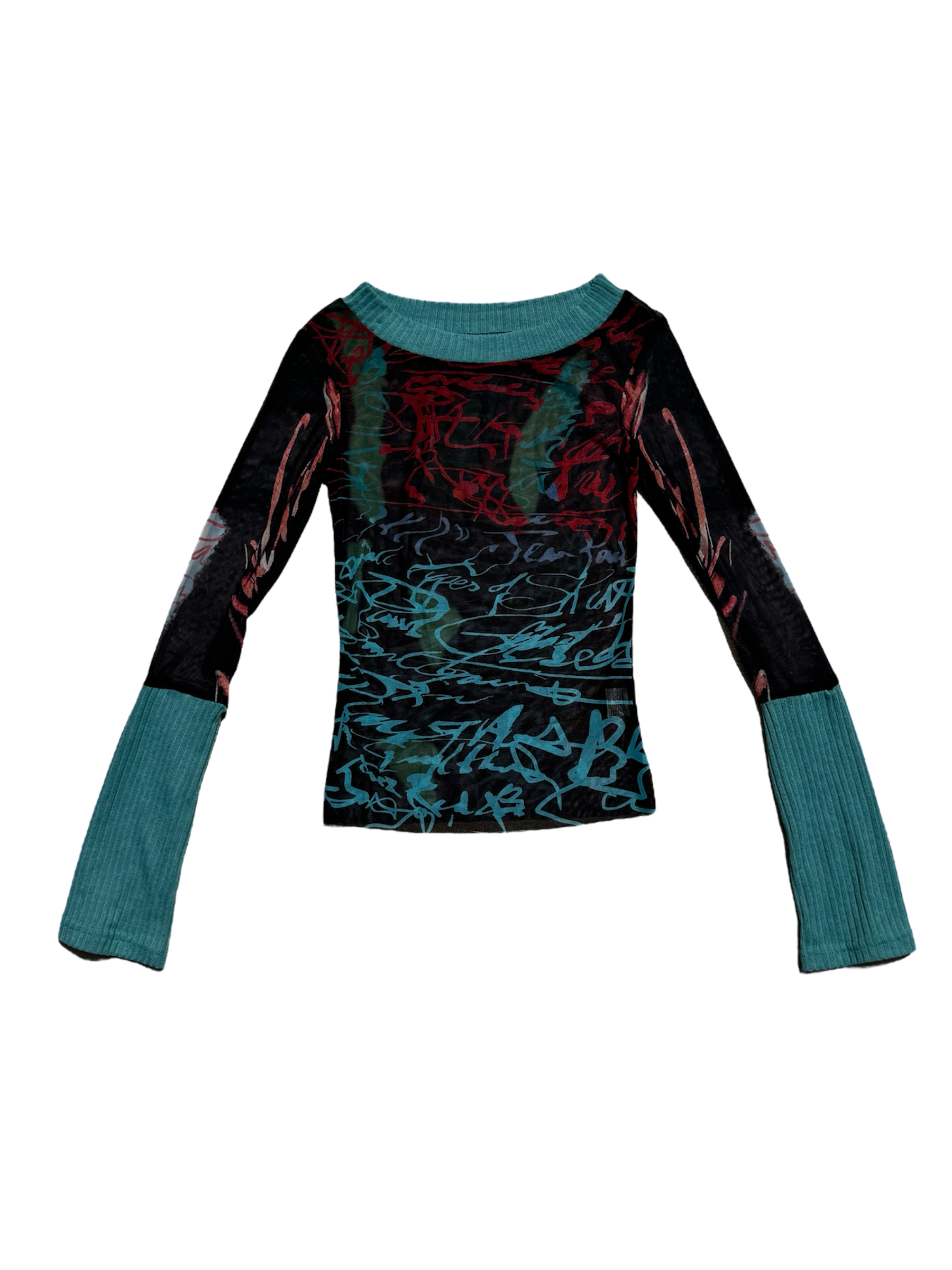 Script pattern mesh long sleeve top