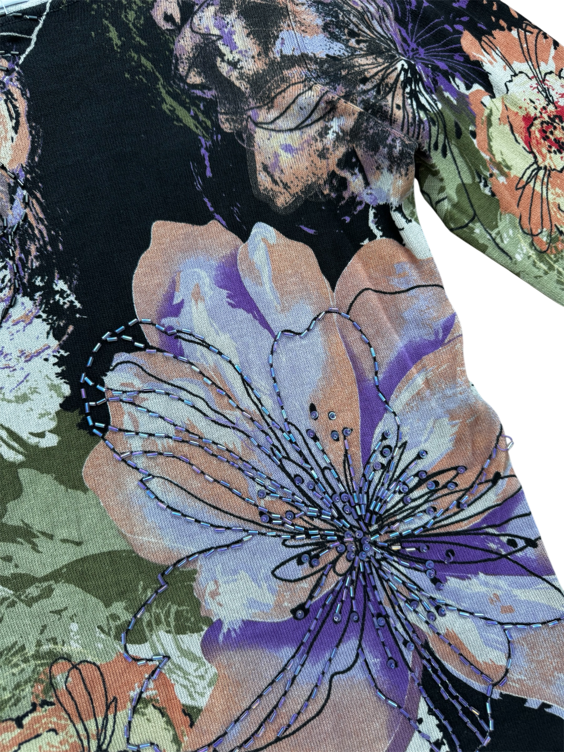 Vintage Black Floral Knit Sweater with Beaded Accents