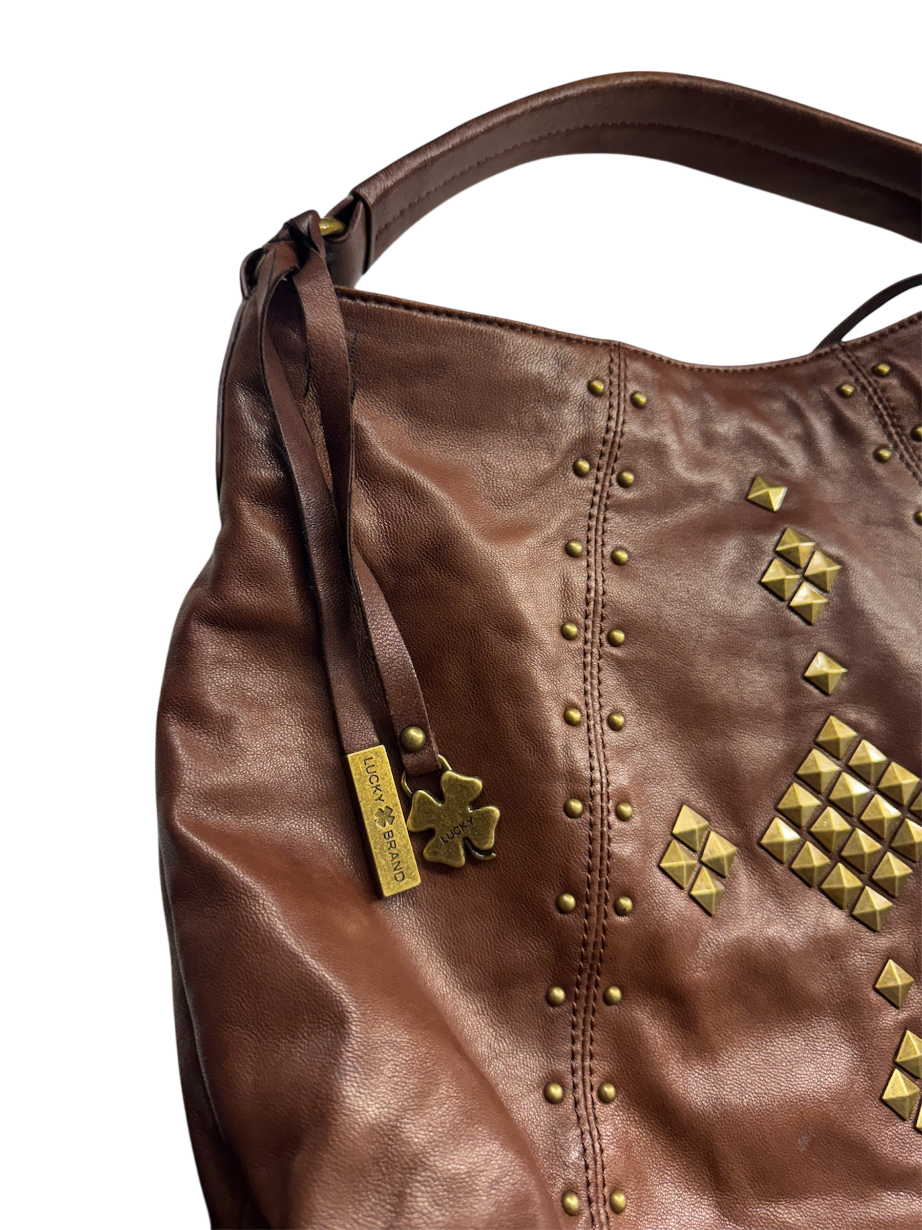 Brown hobo style studded leather bag