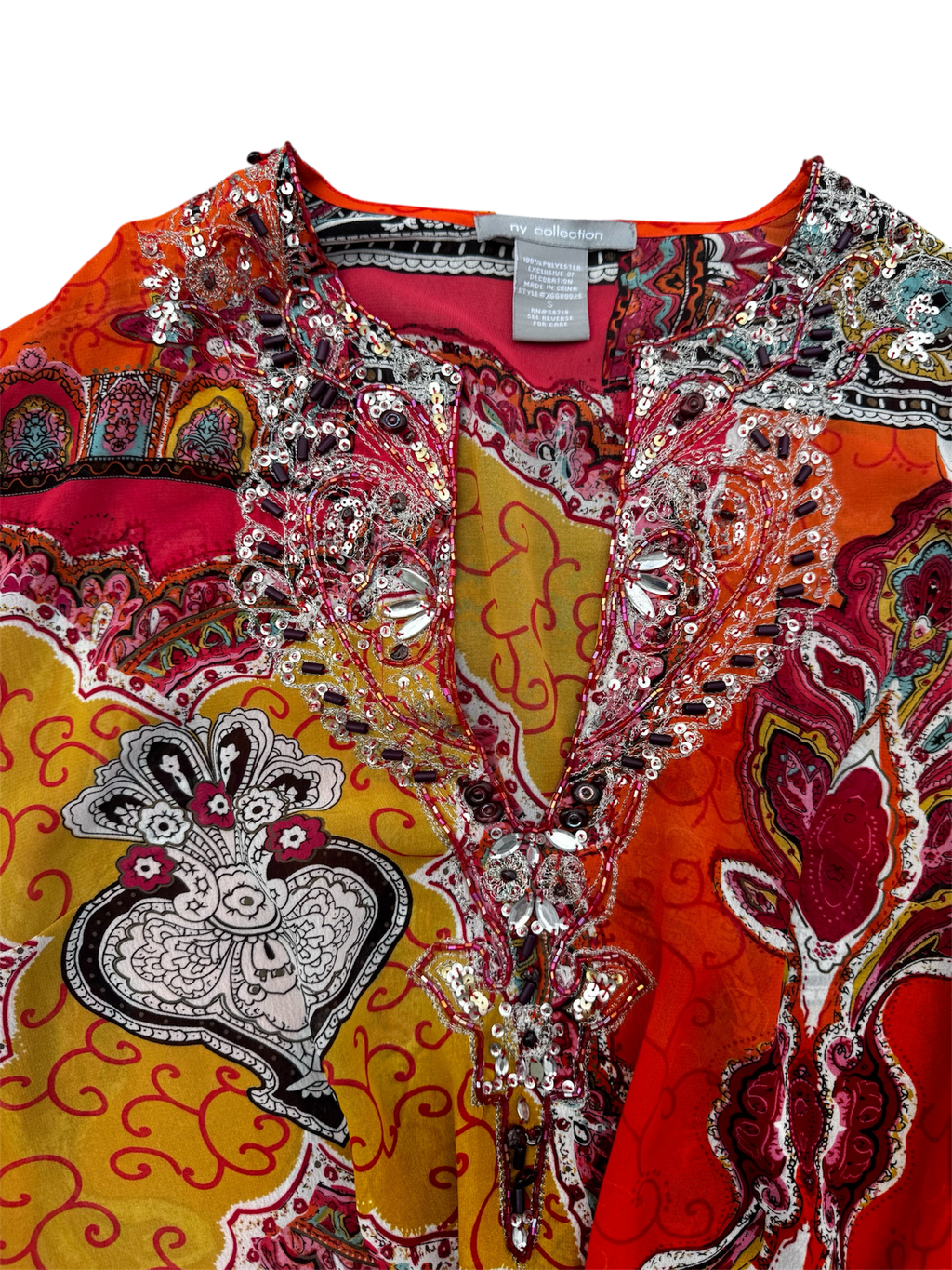 orange beaded sheer blouse