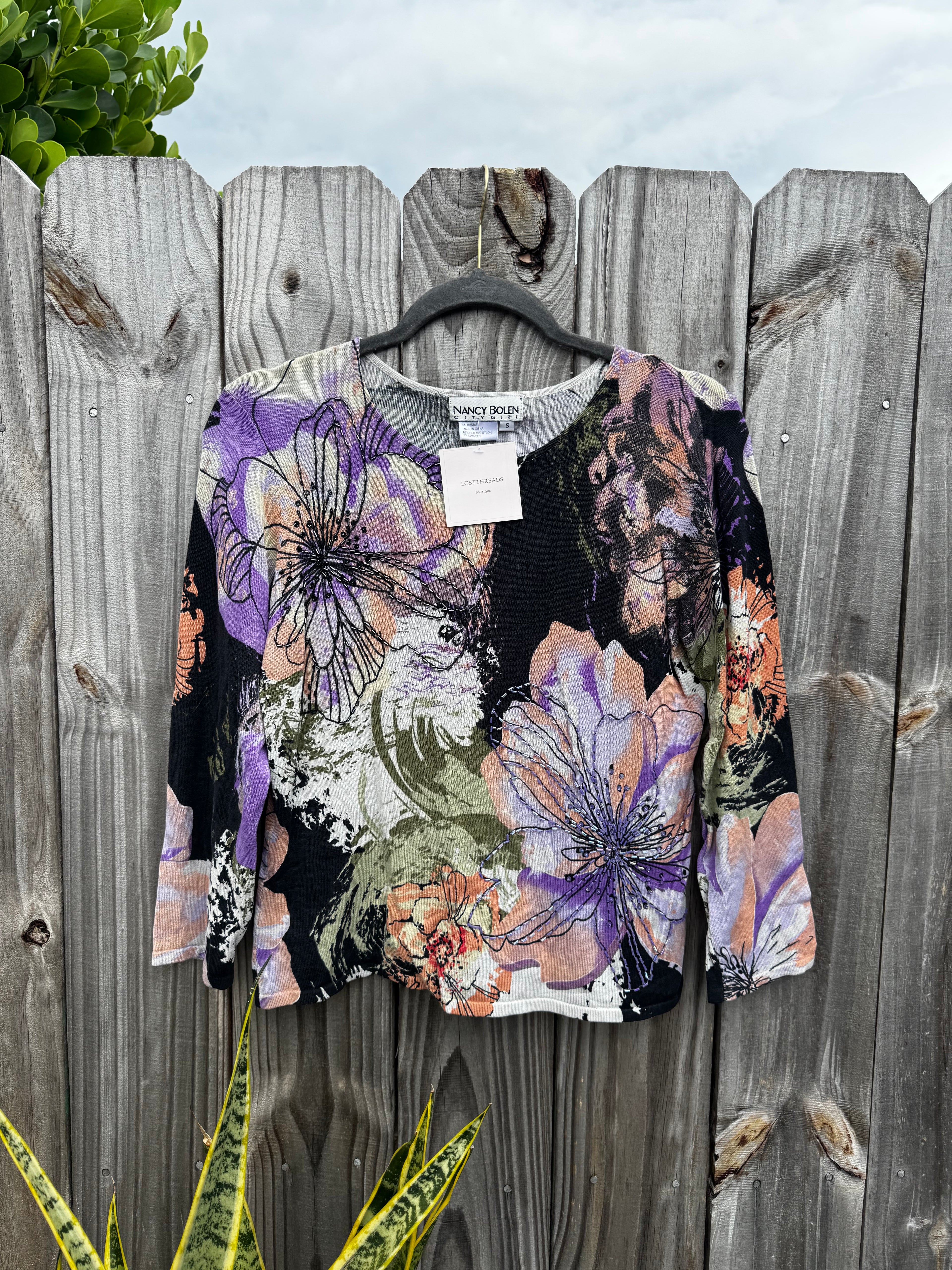 Vintage Black Floral Knit Sweater with Beaded Accents