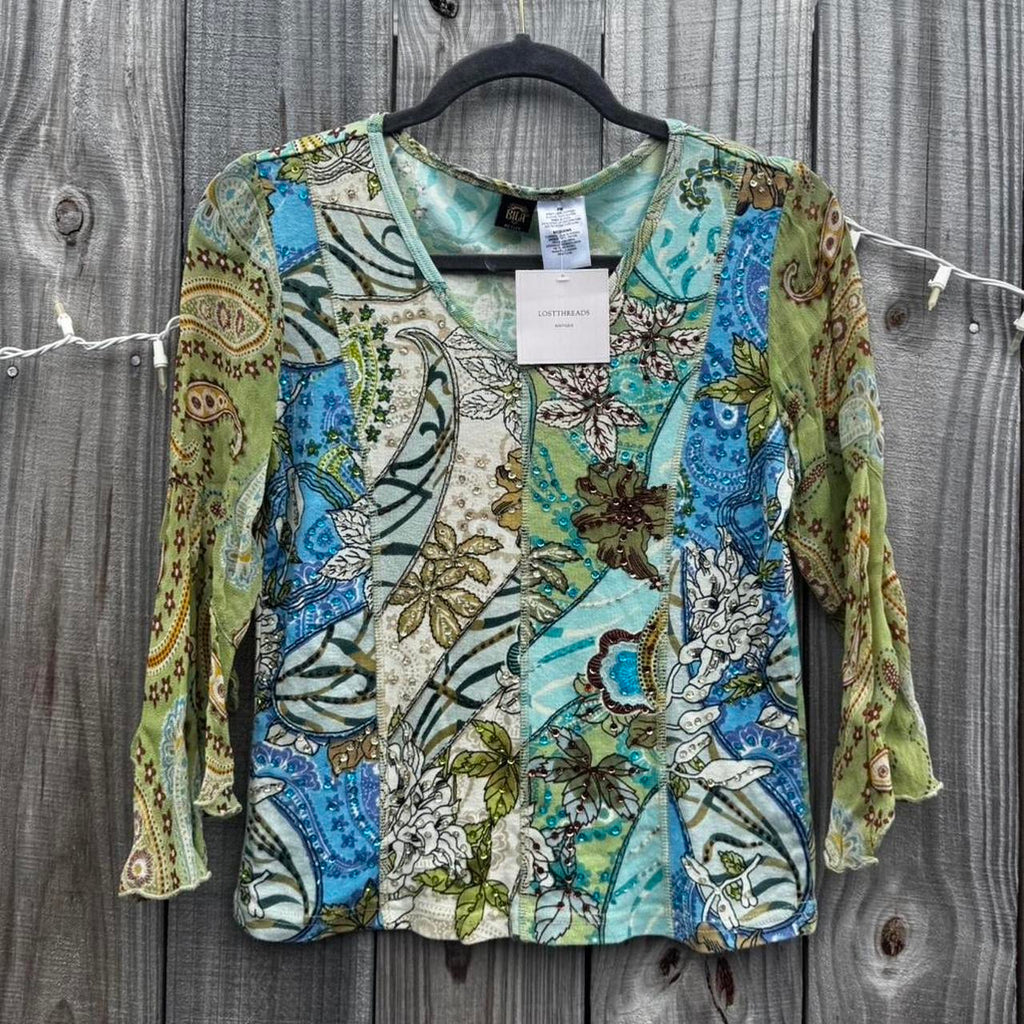 green and blue beaded flowy sleeve top