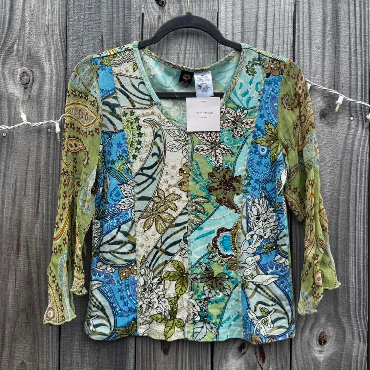 green and blue beaded flowy sleeve top