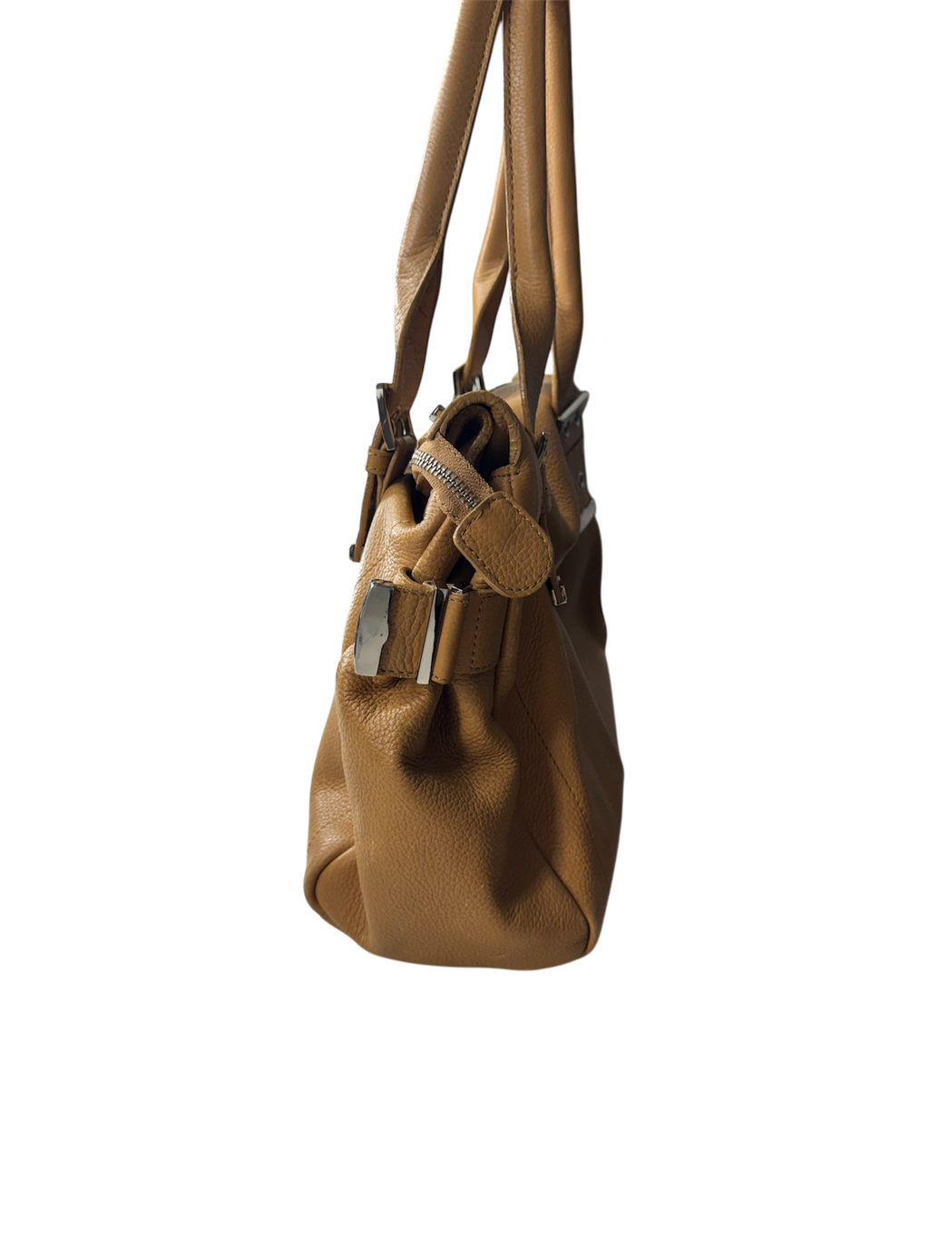 Light brown leather over sized slouchy belted hand bag