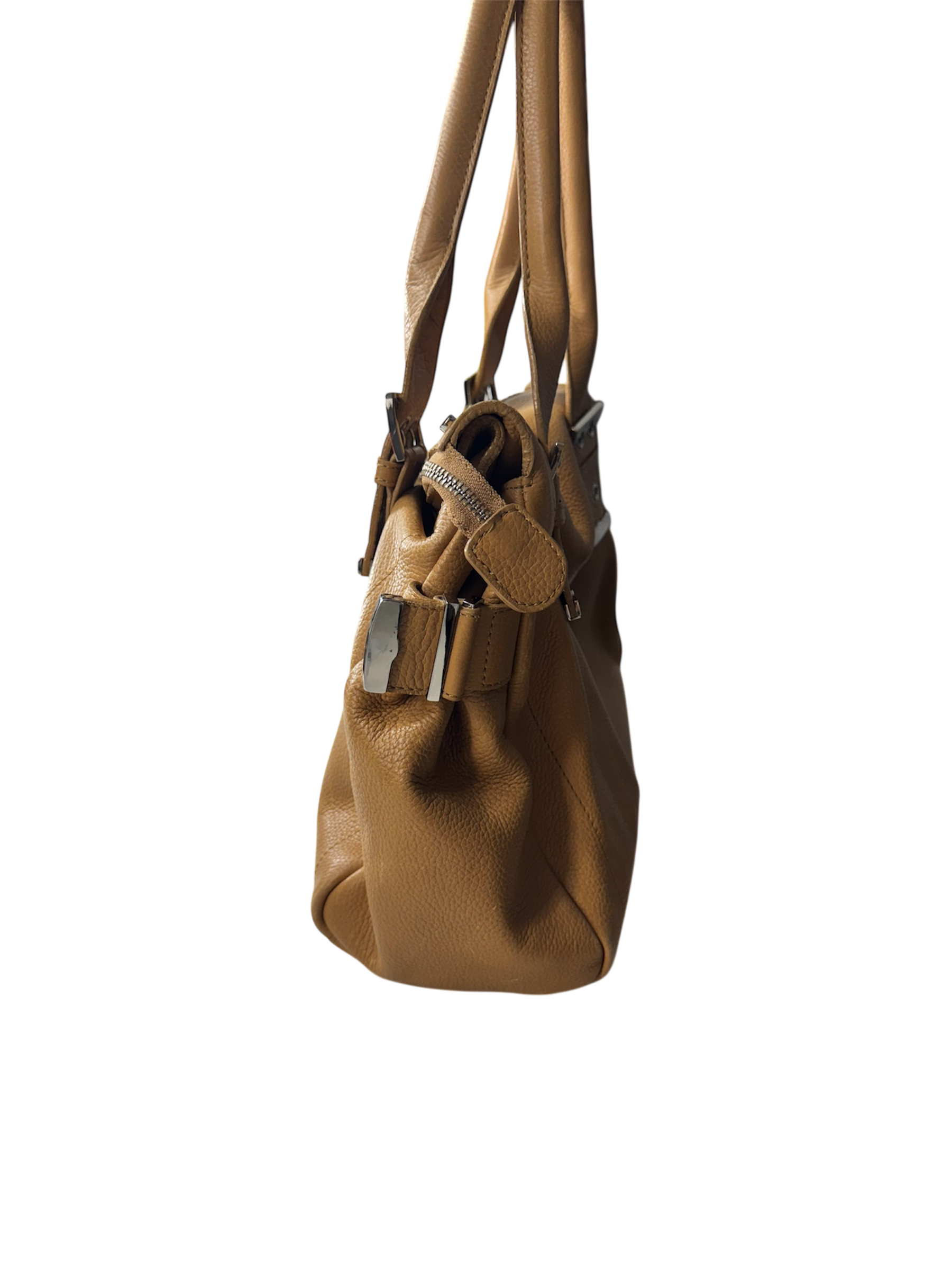 Light brown leather over sized slouchy belted hand bag