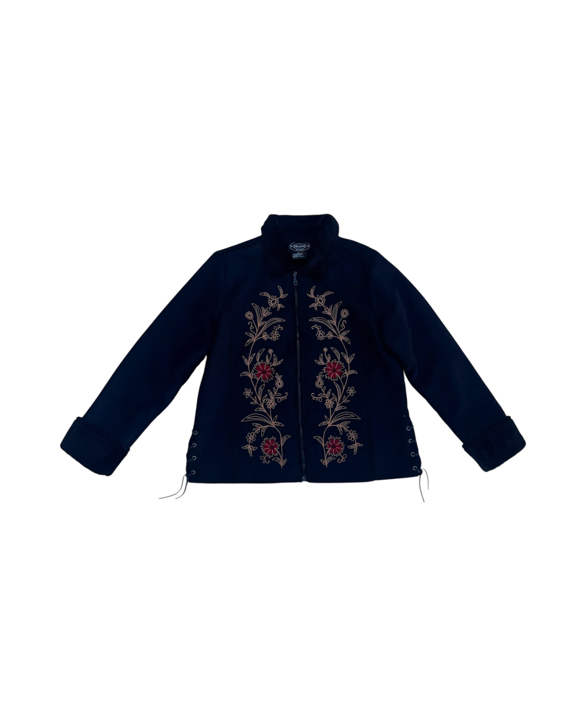 Black floral suede faux fur lined jacket / coat