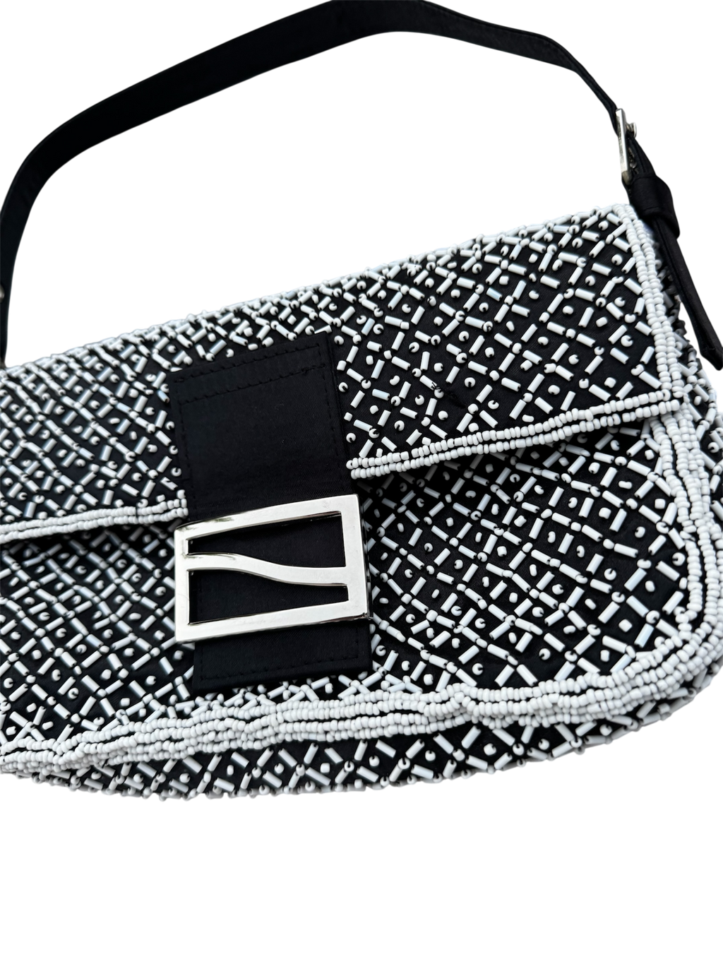 Black & white beaded mini baguette shoulder bag