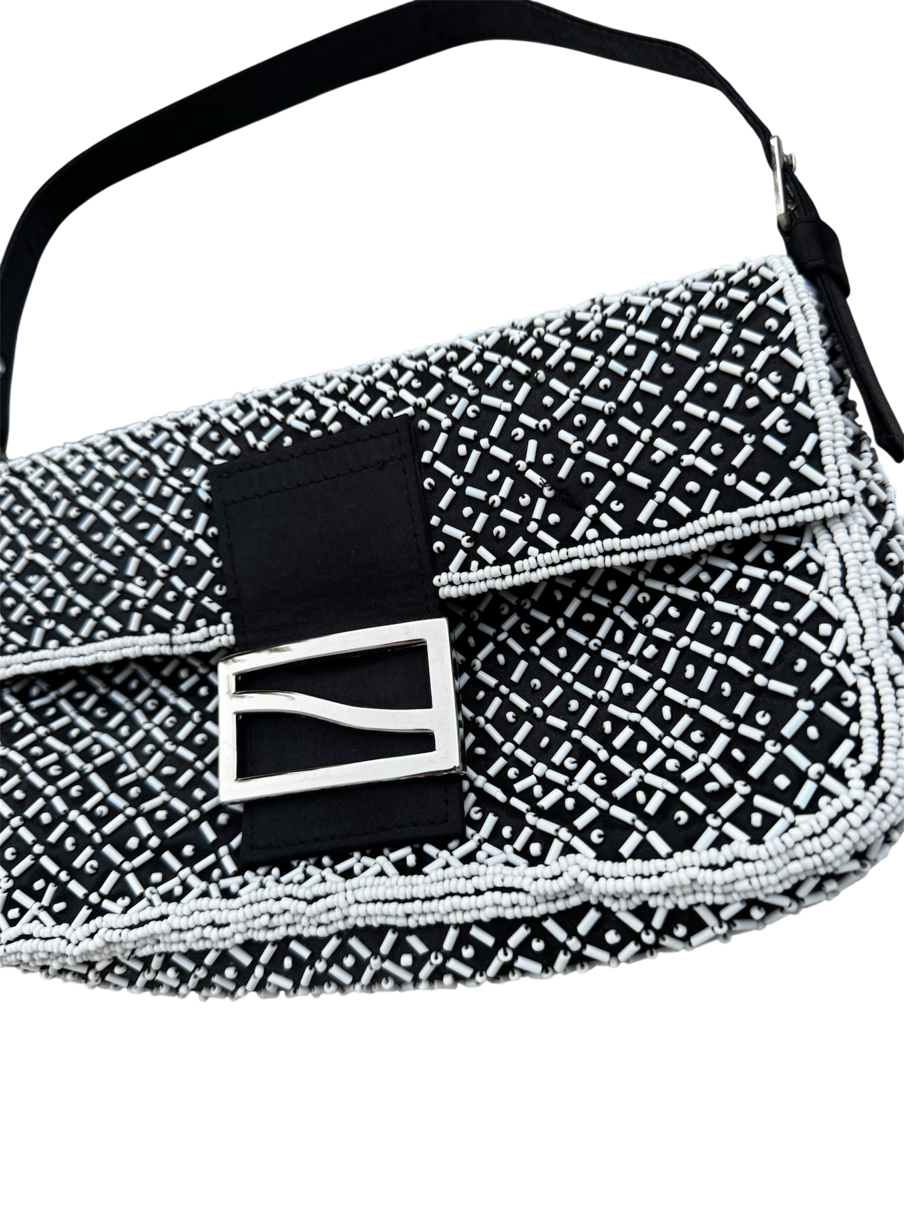 Black & white beaded mini baguette shoulder bag