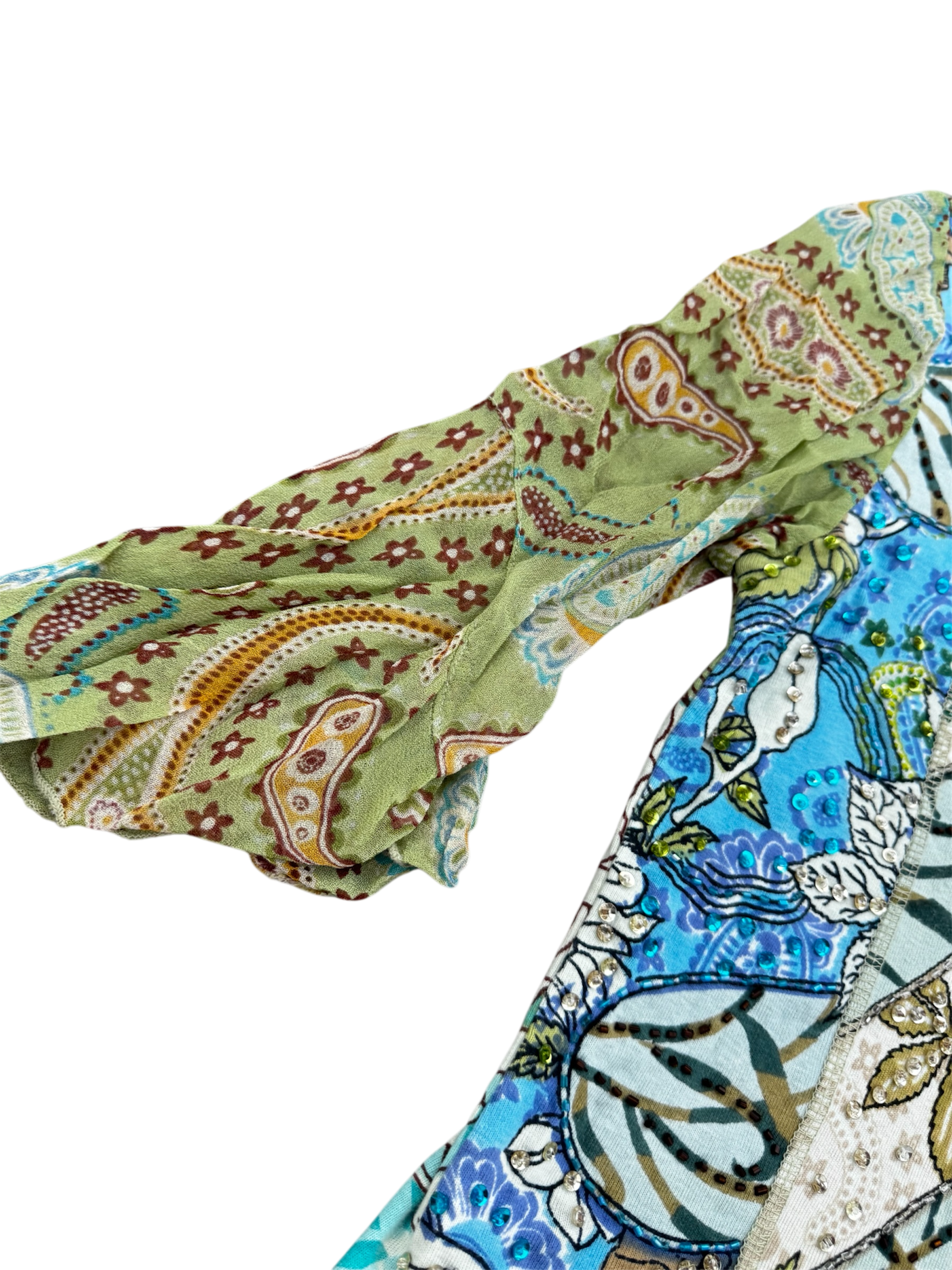 green and blue beaded flowy sleeve top