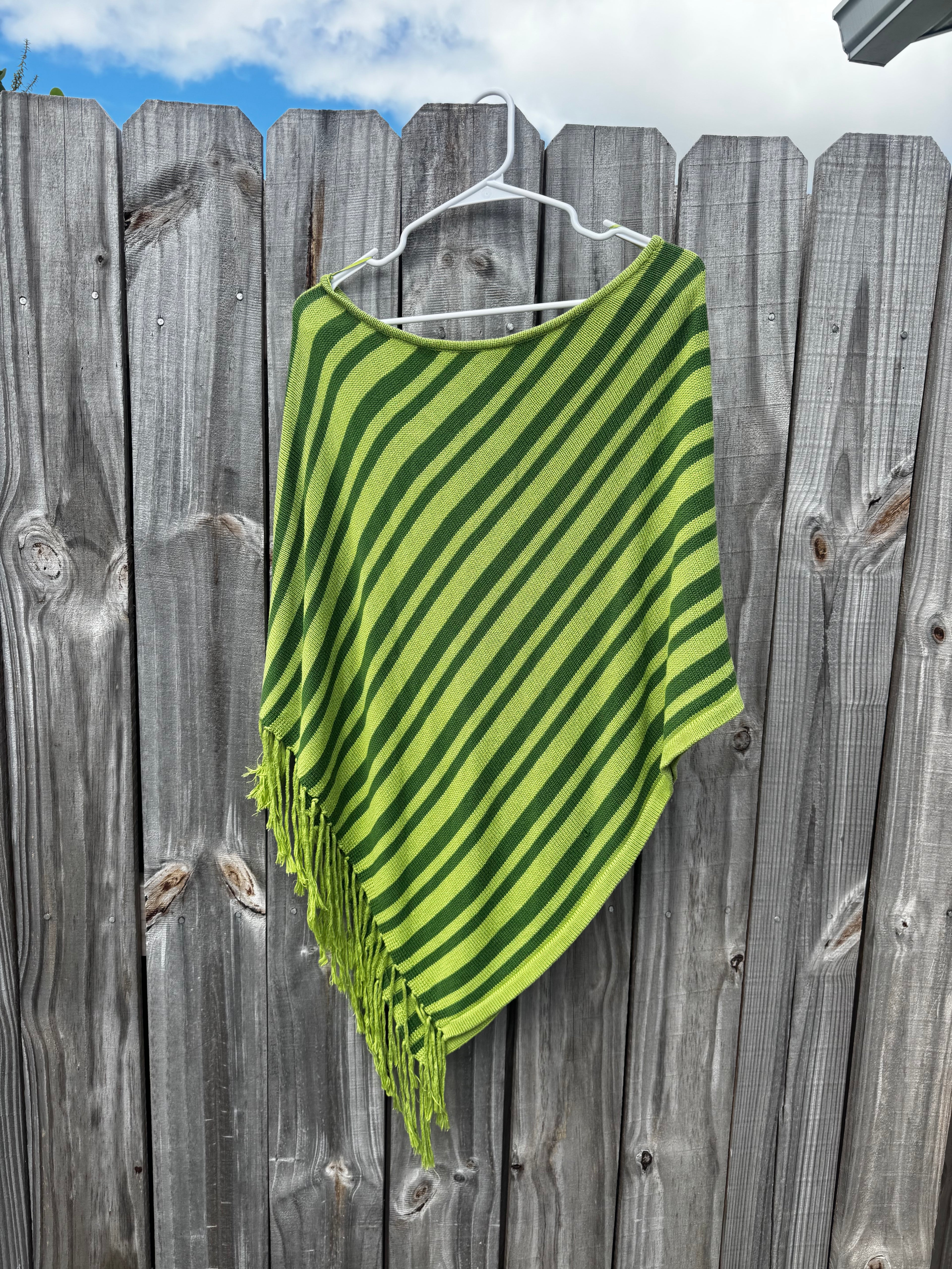 Light & dark green striped knit poncho