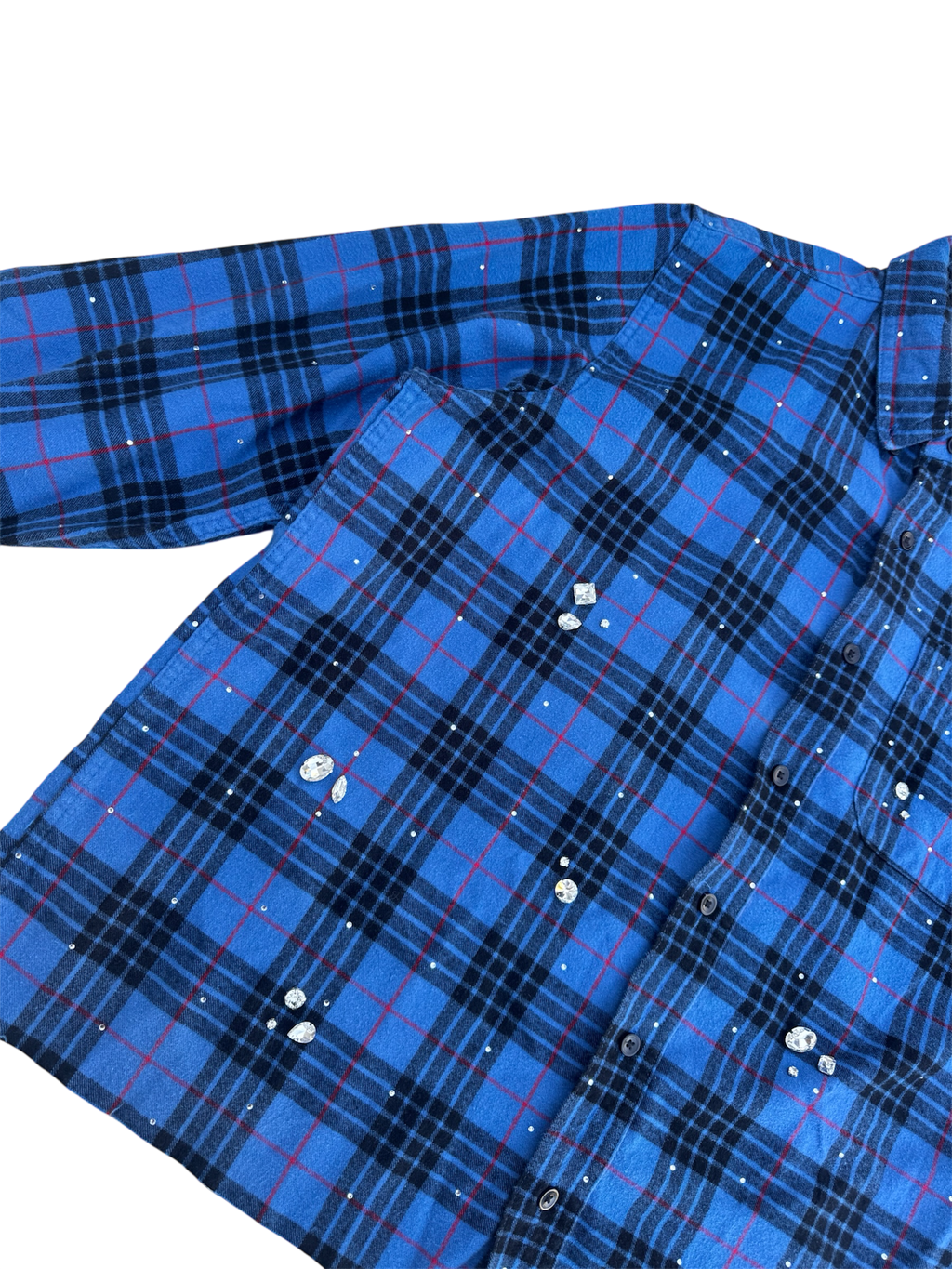 Blue plaid bedazzled cropped button up