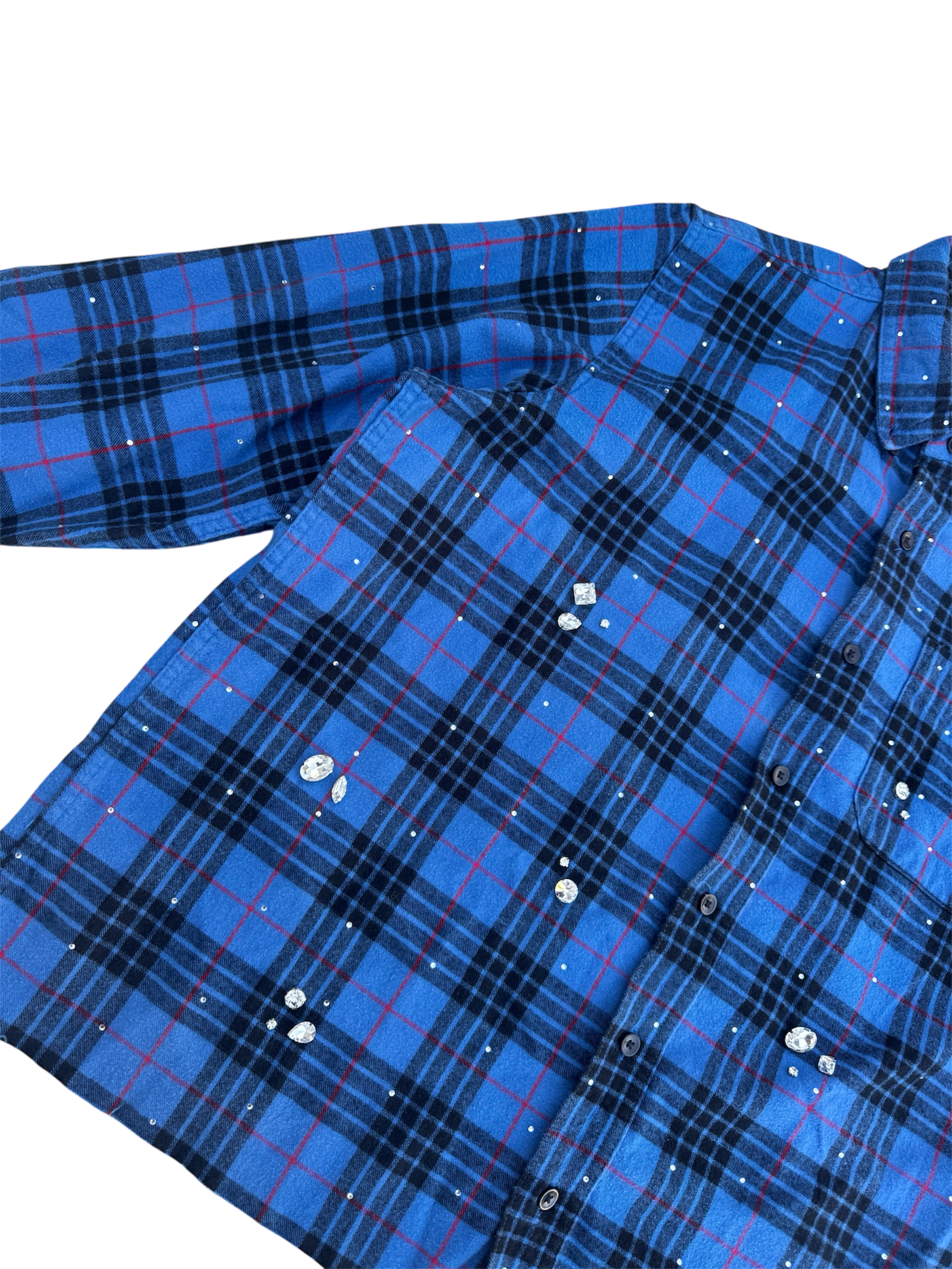 Blue plaid bedazzled cropped button up