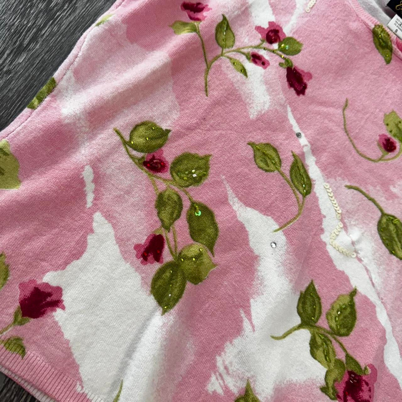 Pink beaded floral knit top