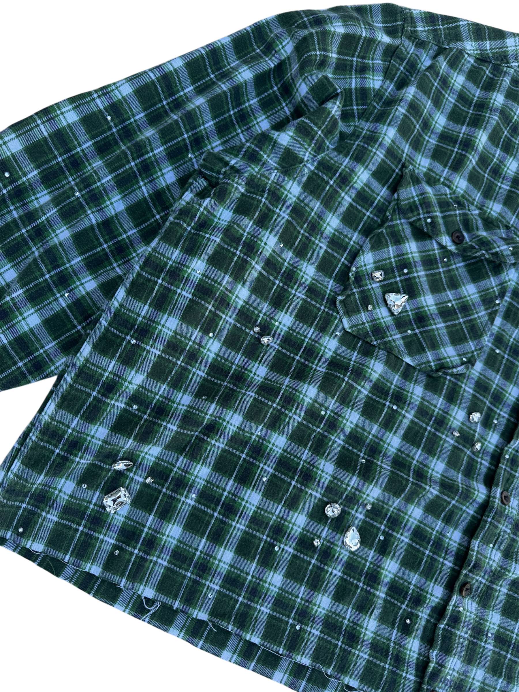 Light green plaid cropped bedazzled button up