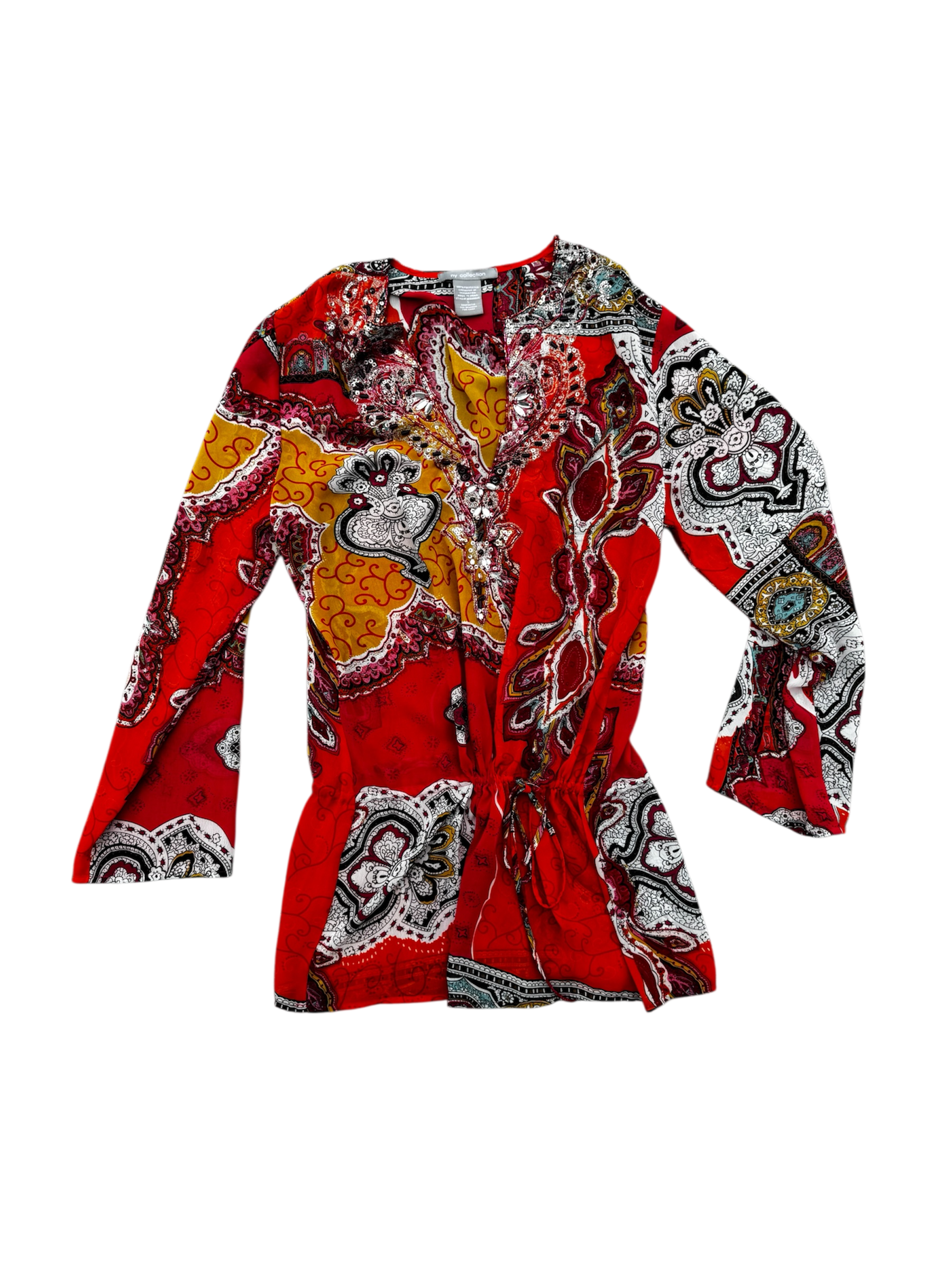 orange beaded sheer blouse