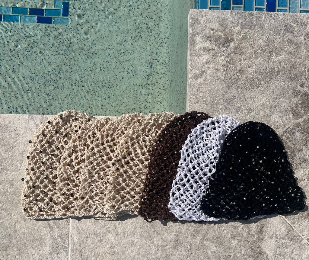 Crochet beaded fishnet skull caps