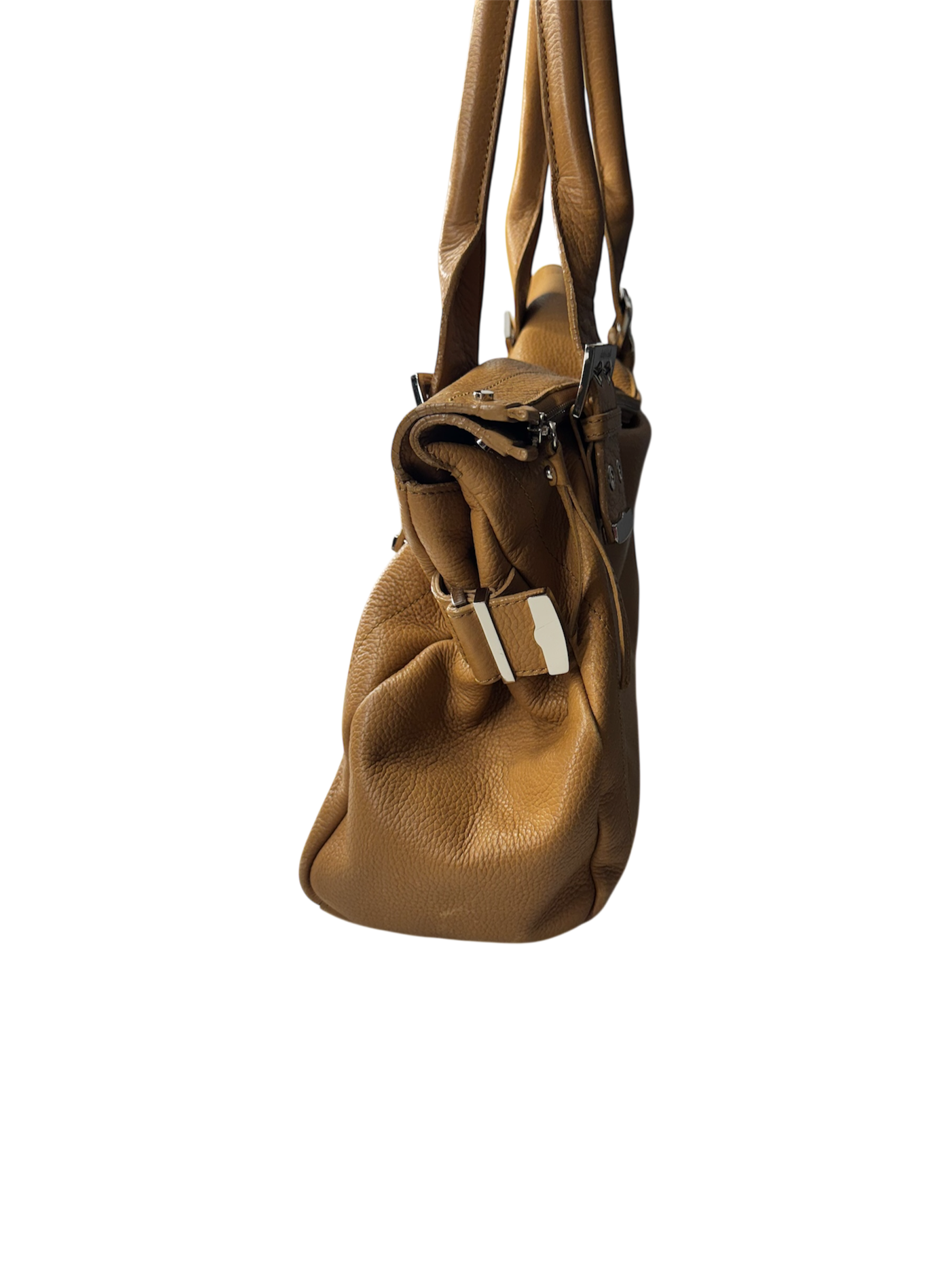 Light brown leather over sized slouchy belted hand bag