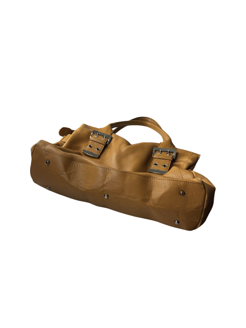 Light brown leather over sized slouchy belted hand bag