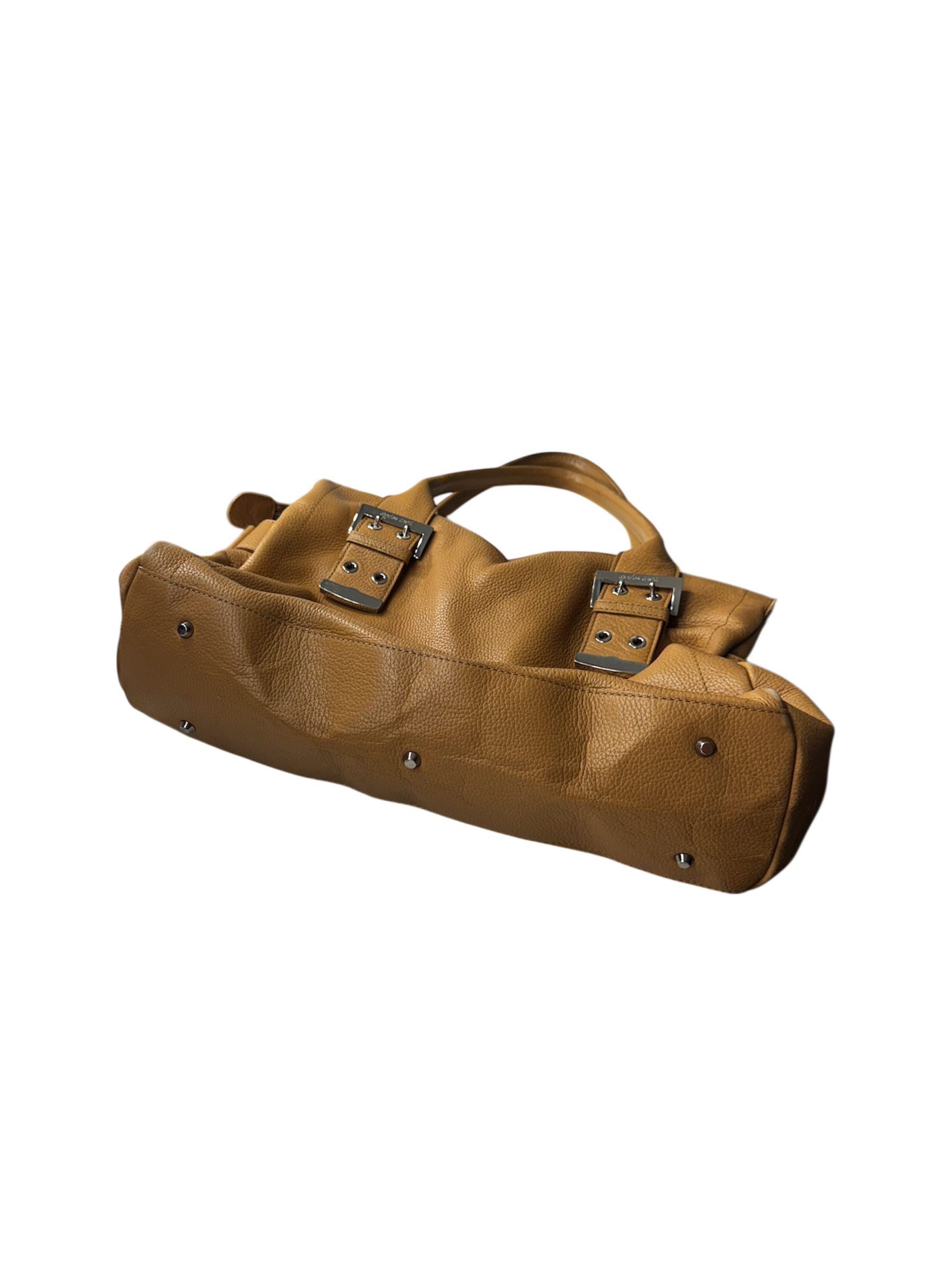 Light brown leather over sized slouchy belted hand bag