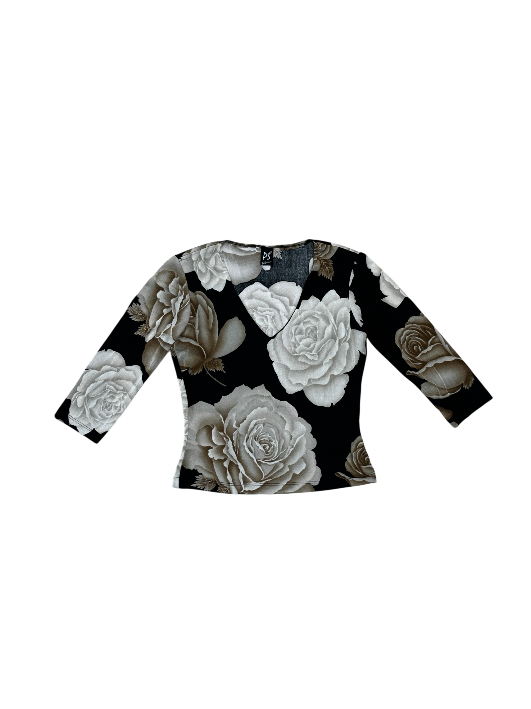 Black & beige rose print vintage blouse