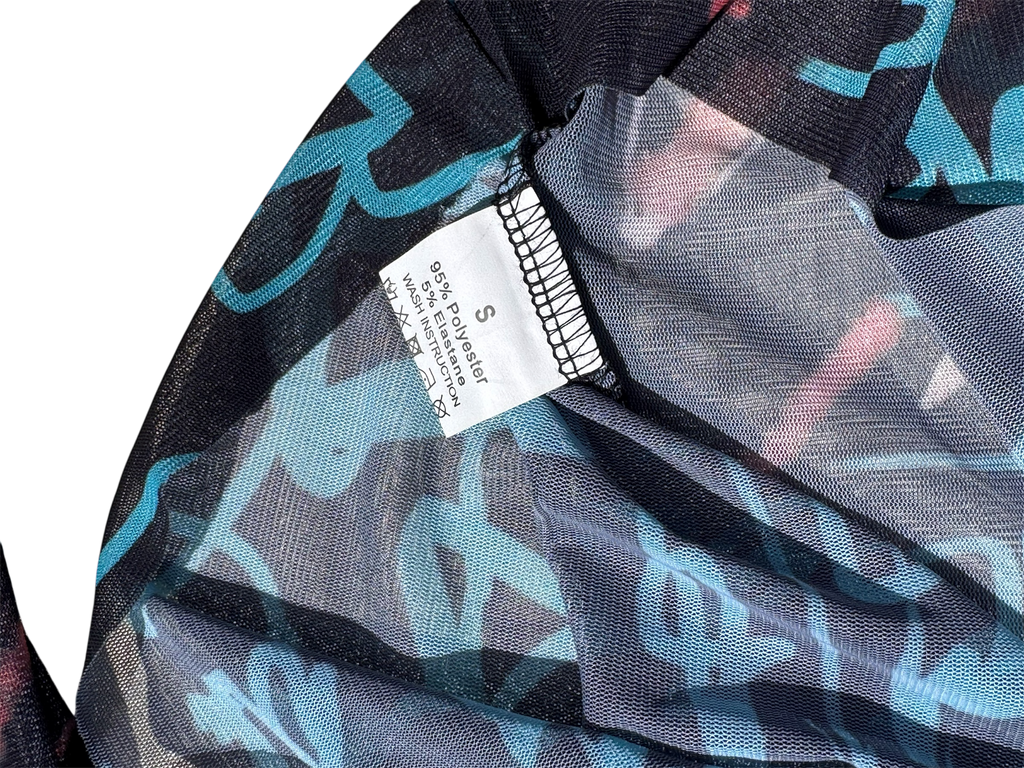Script pattern mesh long sleeve top