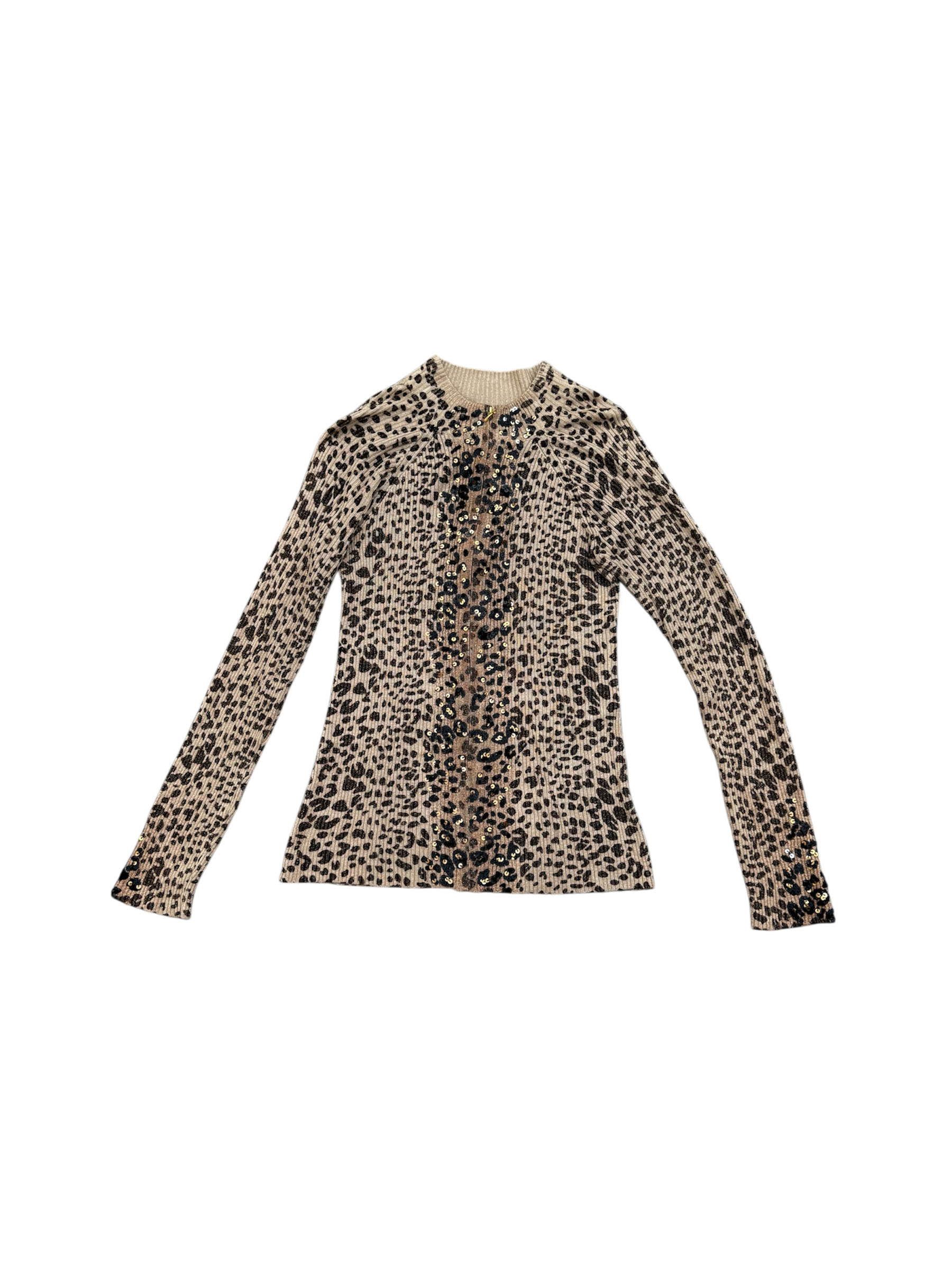 Vintage Cheetah Print Sequin Ribbed Knit Sweater