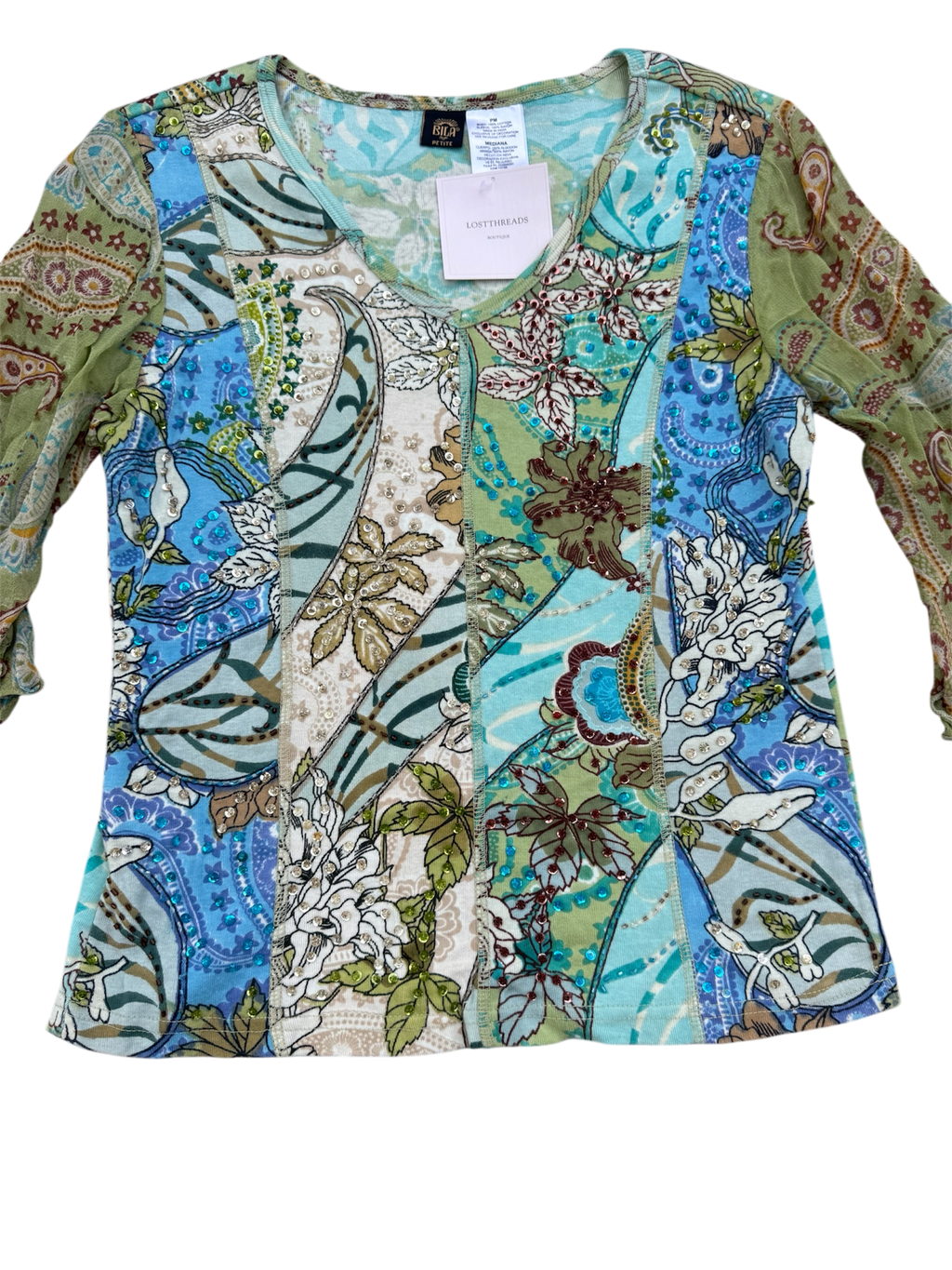 green and blue beaded flowy sleeve top