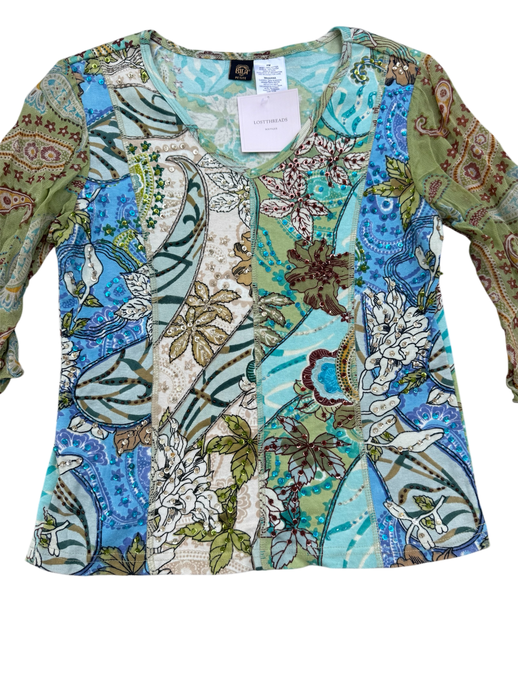 green and blue beaded flowy sleeve top