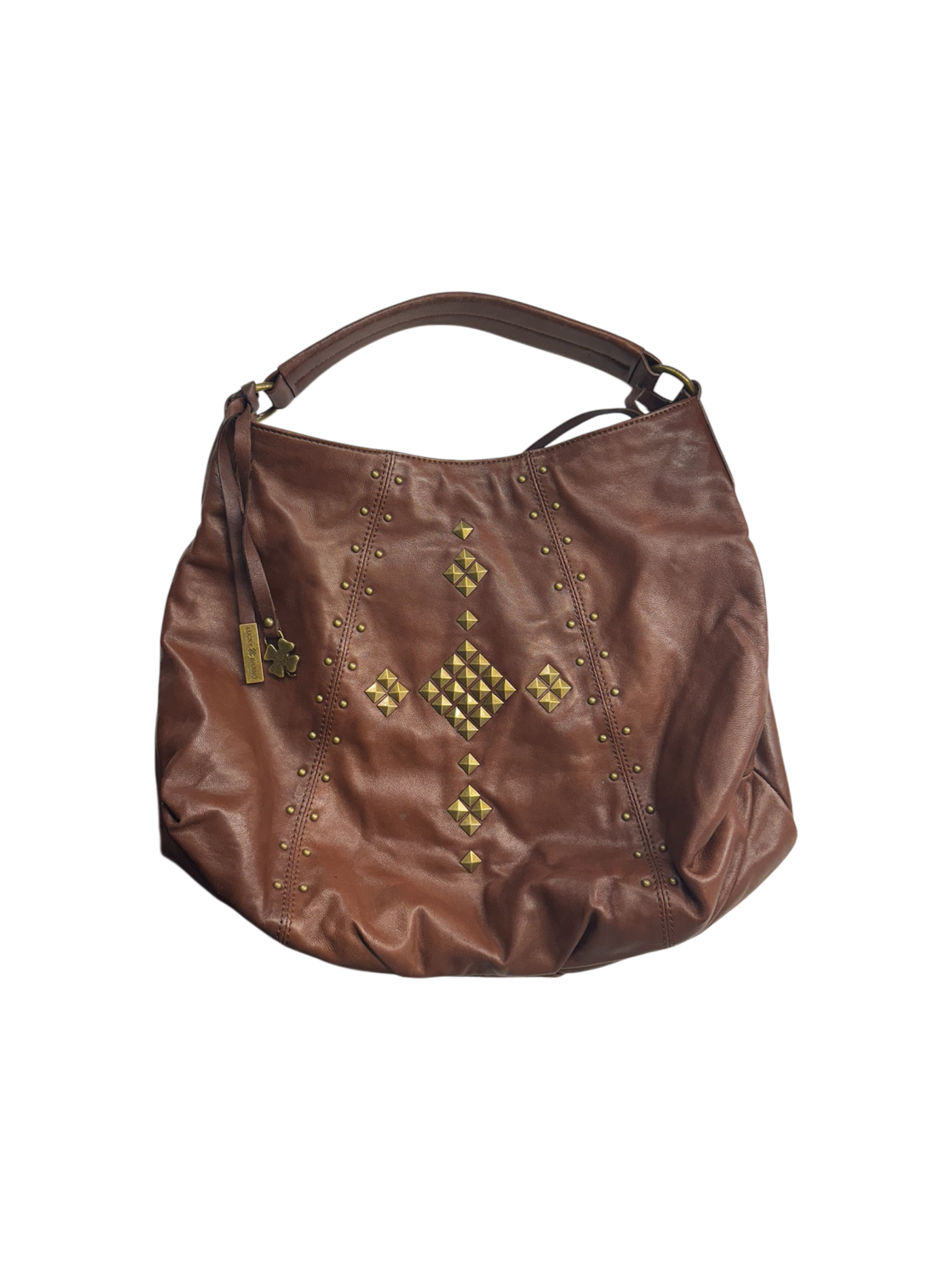 Brown hobo style studded leather bag